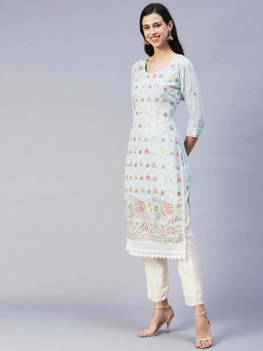 Floral Embroidered Straight Fit Kurta with Pant & Dupatta - Blue - Indiakreations