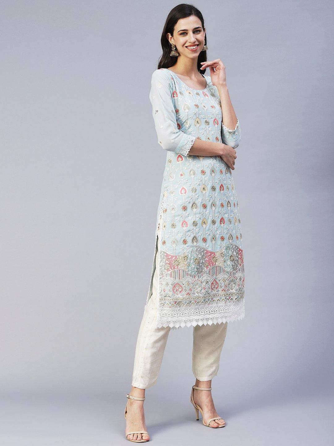 Floral Embroidered Straight Fit Kurta with Pant & Dupatta - Blue - Indiakreations