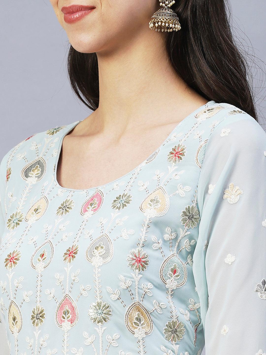 Floral Embroidered Straight Fit Kurta with Pant & Dupatta - Blue - Indiakreations