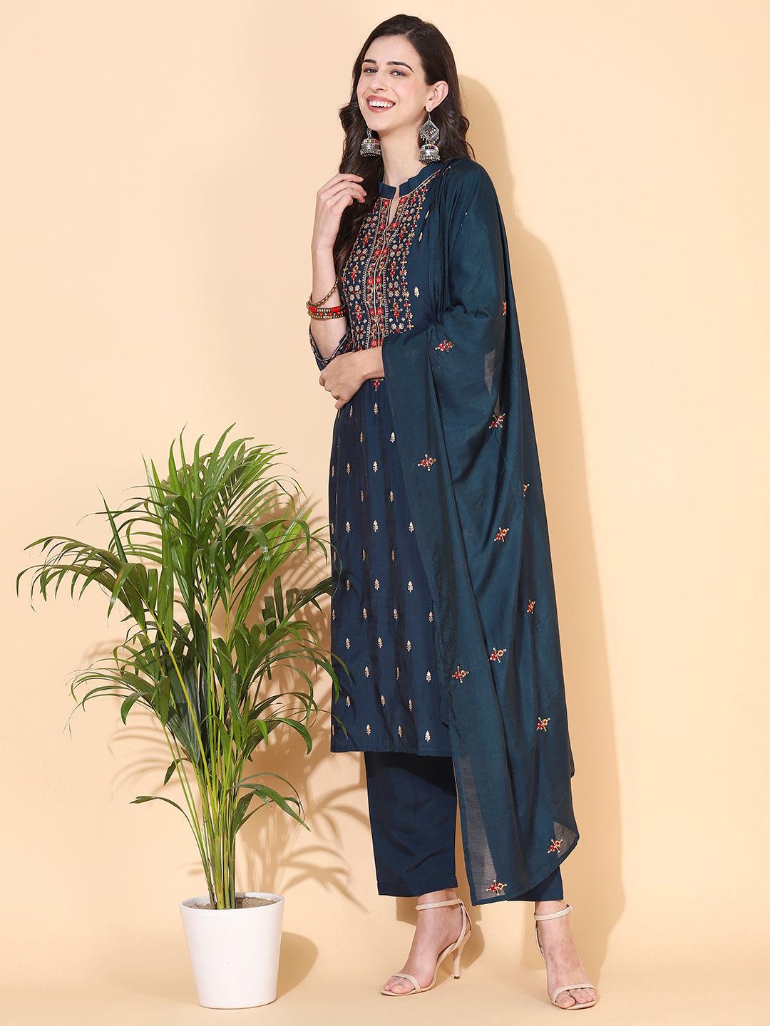 Solid Ethnic Embroidered Straight Fit Kurta with Pant & Dupatta - Teal - Indiakreations