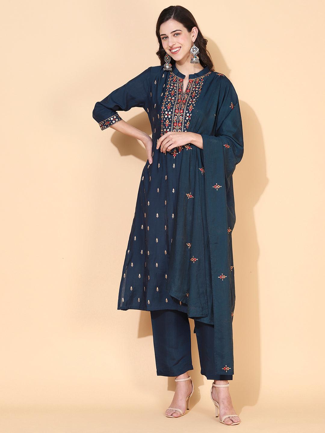 Solid Ethnic Embroidered Straight Fit Kurta with Pant & Dupatta - Teal - Indiakreations