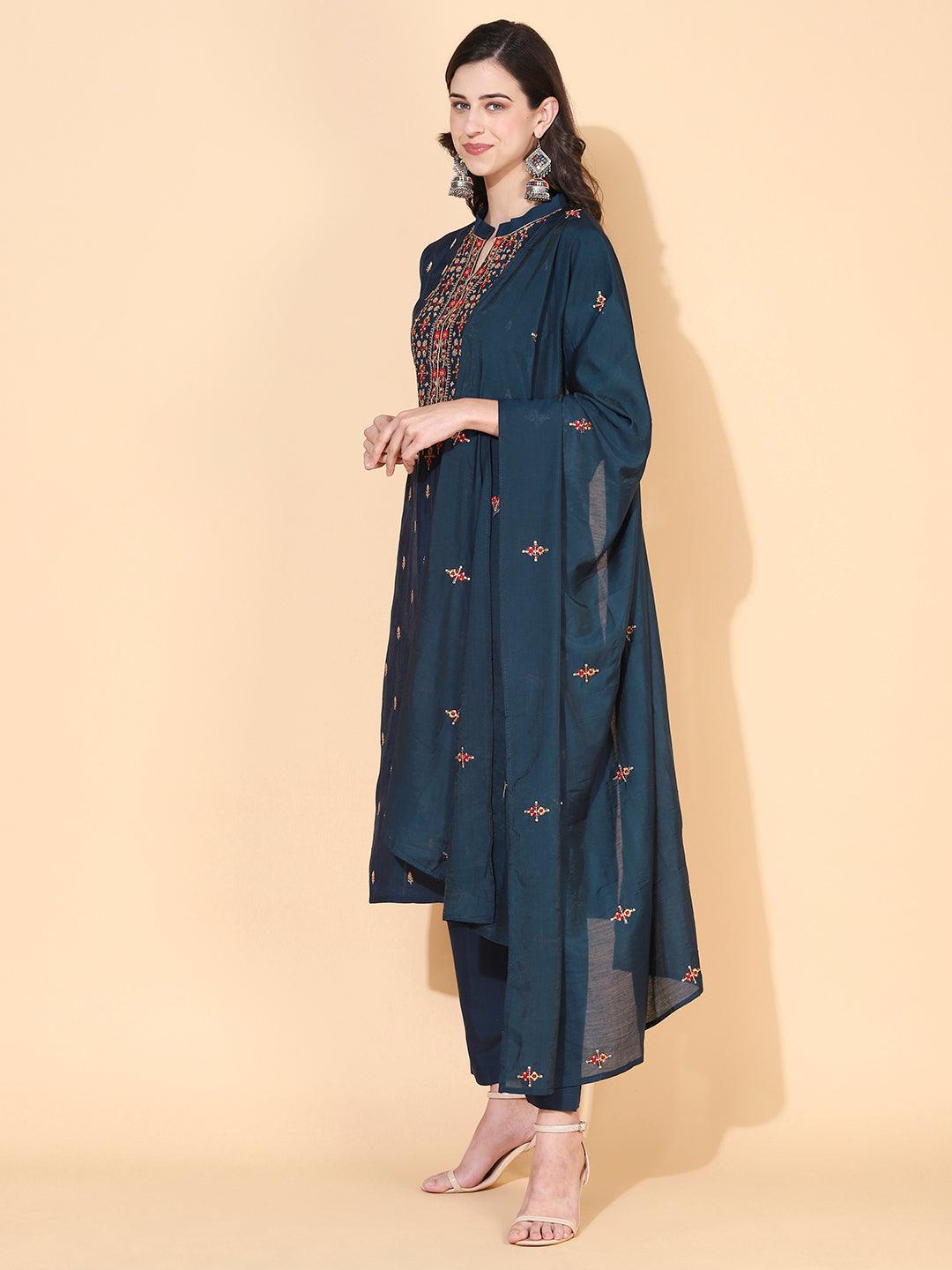 Solid Ethnic Embroidered Straight Fit Kurta with Pant & Dupatta - Teal - Indiakreations