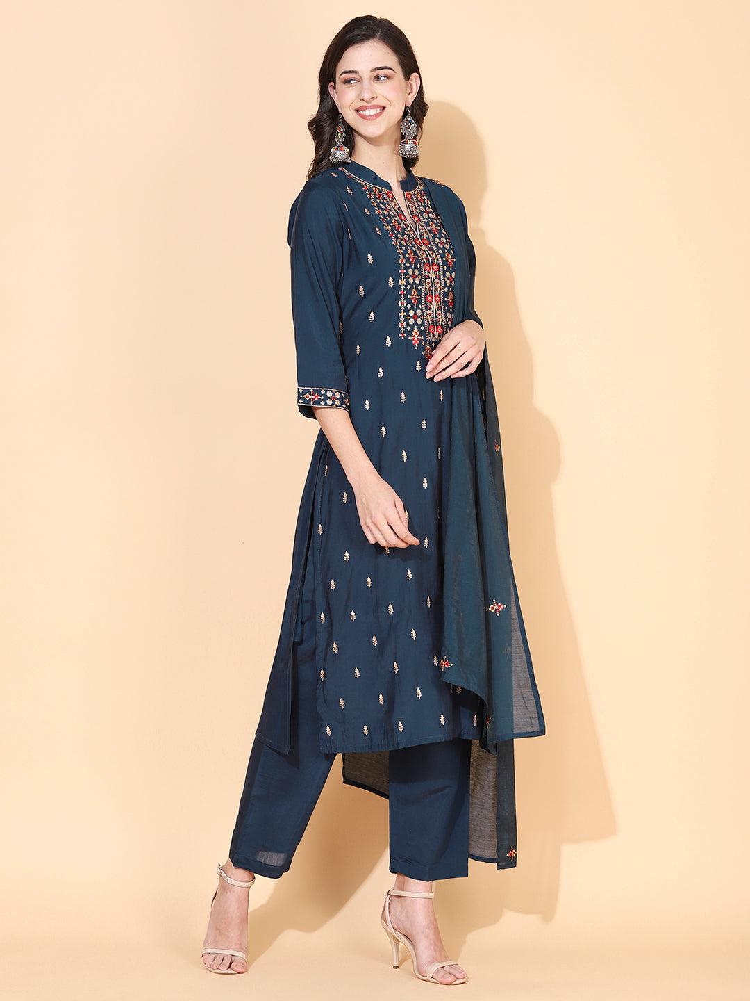 Solid Ethnic Embroidered Straight Fit Kurta with Pant & Dupatta - Teal - Indiakreations