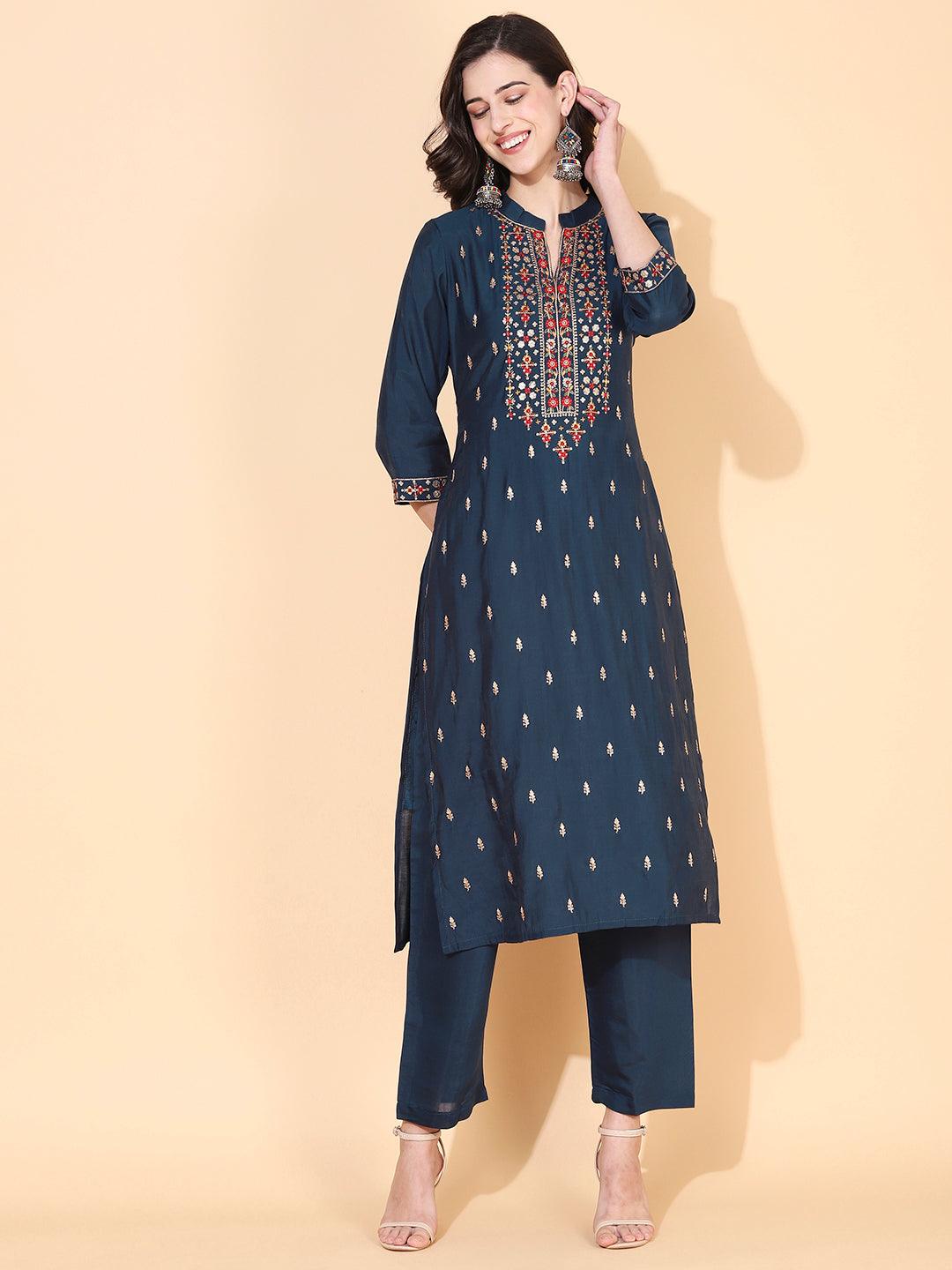 Solid Ethnic Embroidered Straight Fit Kurta with Pant & Dupatta - Teal - Indiakreations