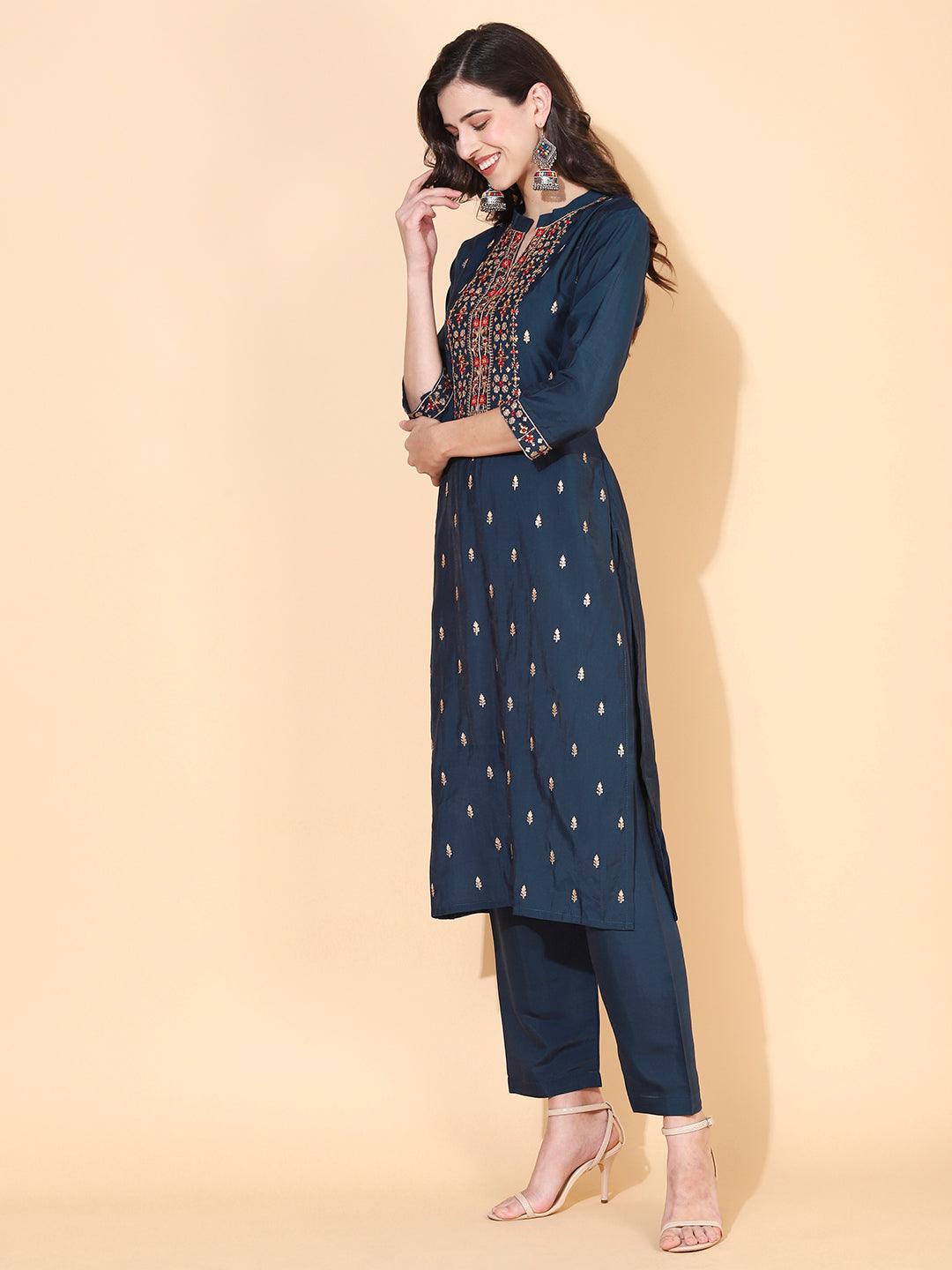 Solid Ethnic Embroidered Straight Fit Kurta with Pant & Dupatta - Teal - Indiakreations