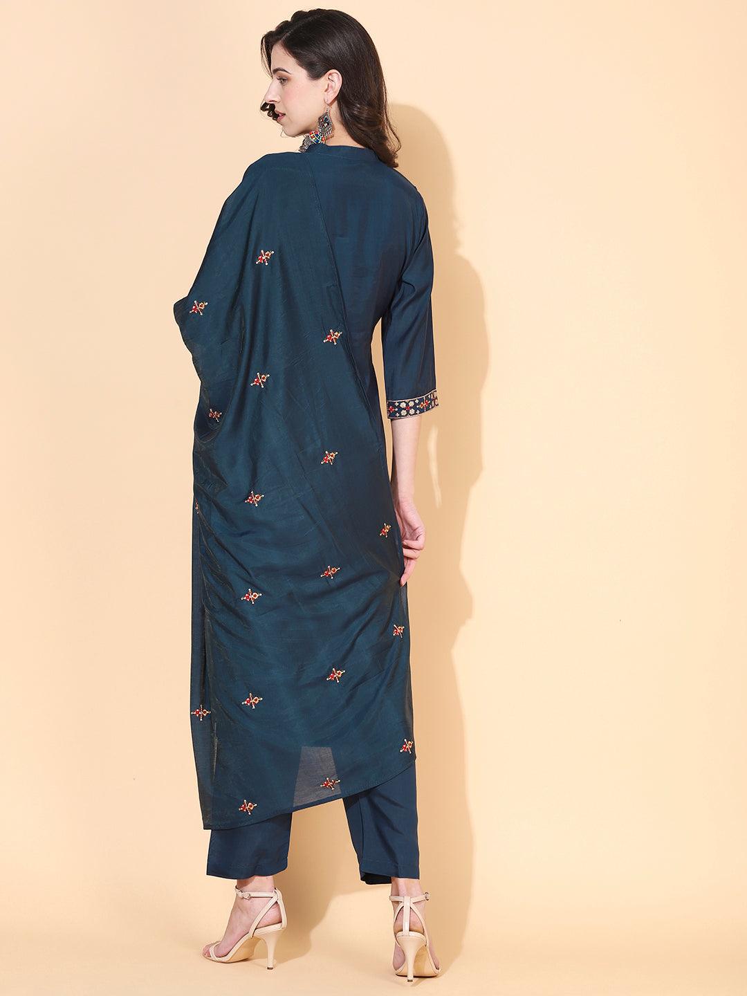 Solid Ethnic Embroidered Straight Fit Kurta with Pant & Dupatta - Teal - Indiakreations