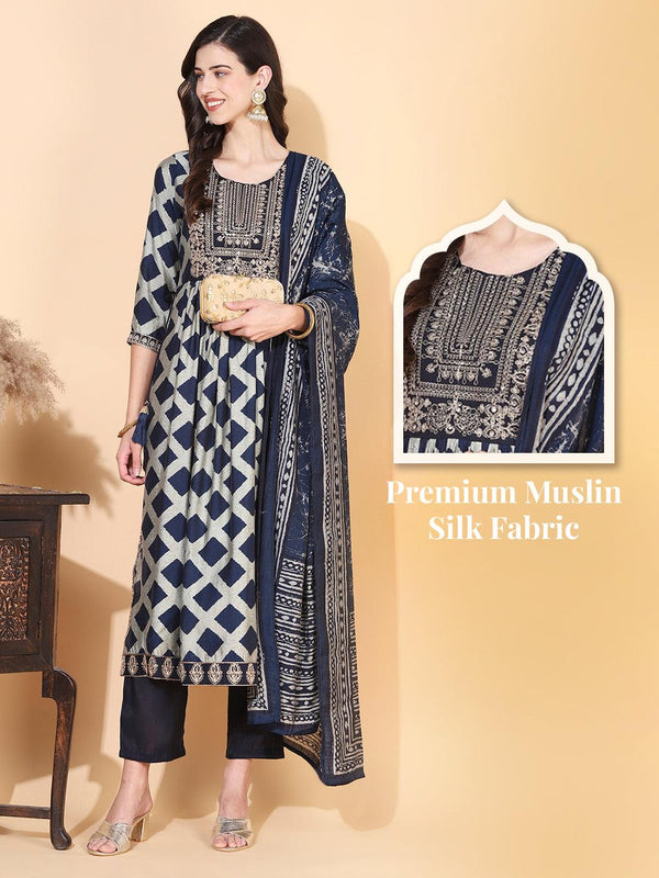 Checks Printed & Sequin Embroidered A-Line Kurta with Pant & Dupatta - Navy Blue - Indiakreations