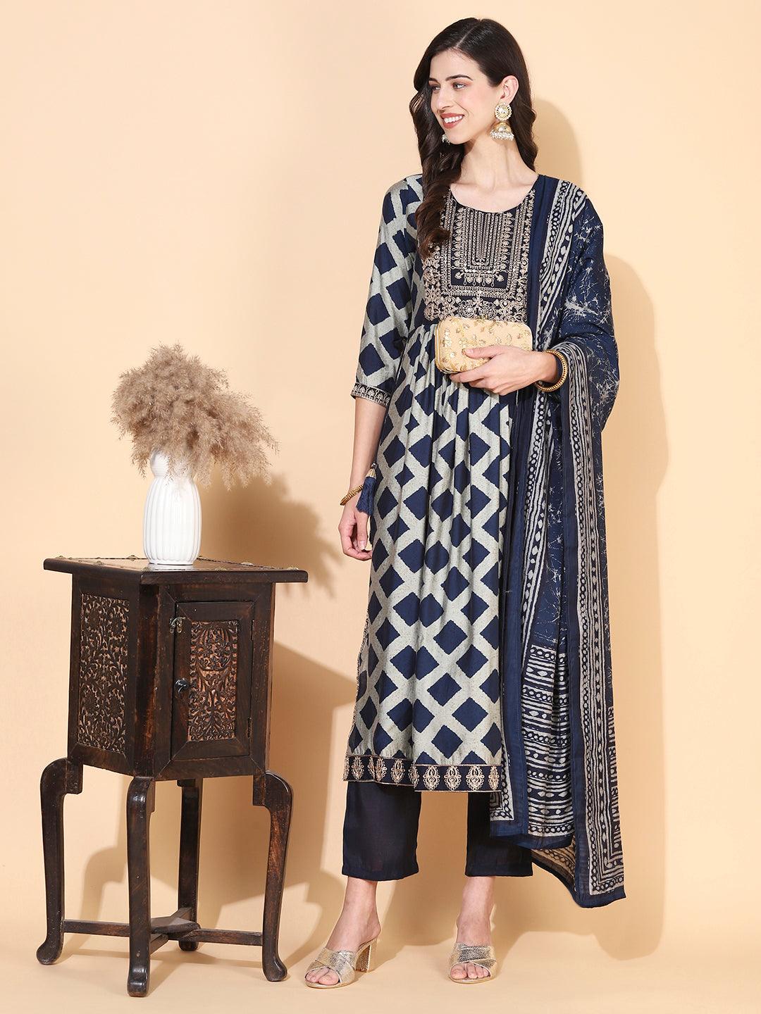 Checks Printed & Sequin Embroidered A-Line Kurta with Pant & Dupatta - Navy Blue - Indiakreations