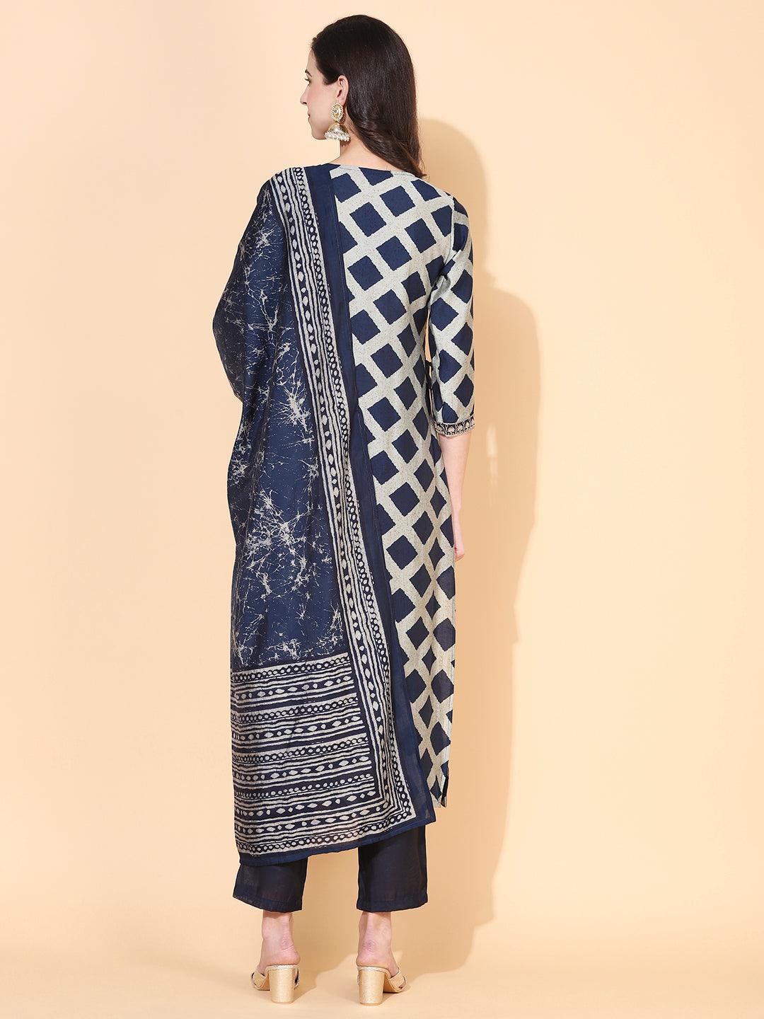 Checks Printed & Sequin Embroidered A-Line Kurta with Pant & Dupatta - Navy Blue - Indiakreations