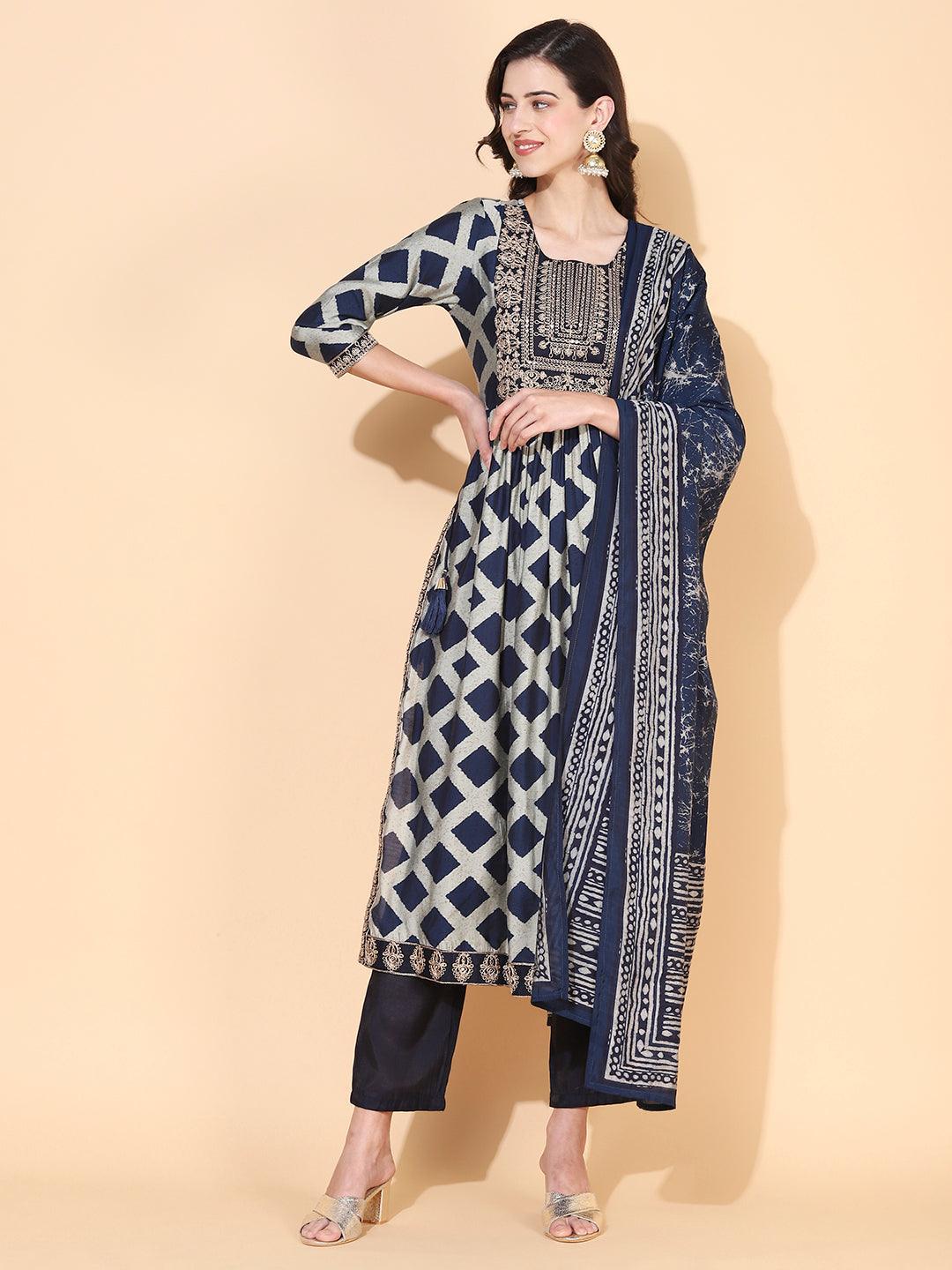 Checks Printed & Sequin Embroidered A-Line Kurta with Pant & Dupatta - Navy Blue - Indiakreations