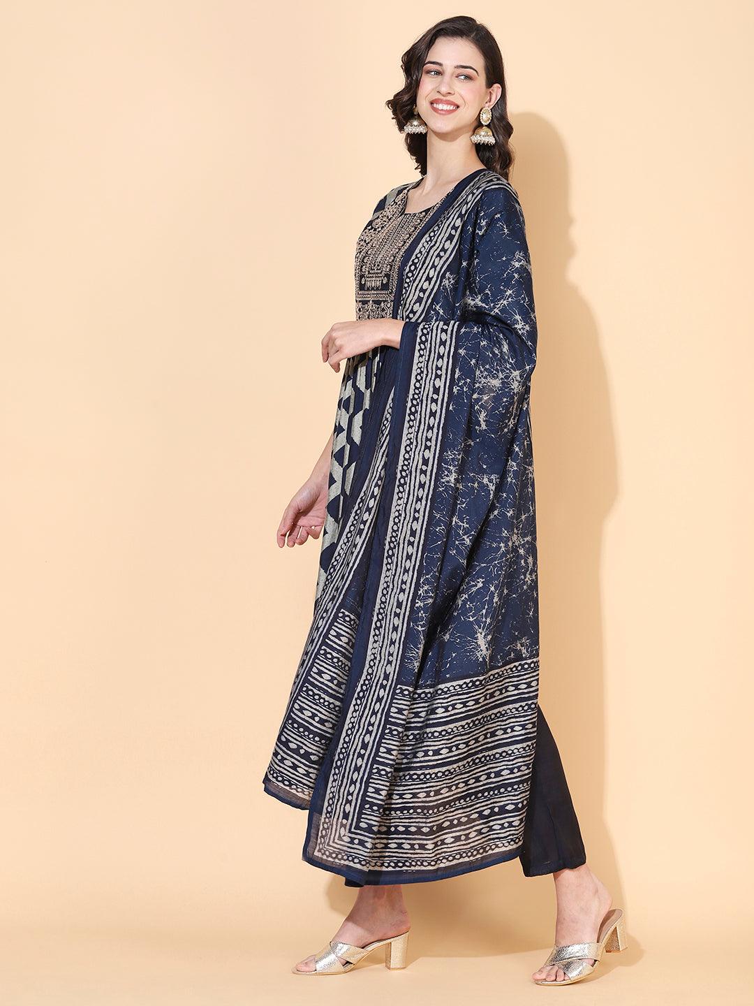 Checks Printed & Sequin Embroidered A-Line Kurta with Pant & Dupatta - Navy Blue - Indiakreations