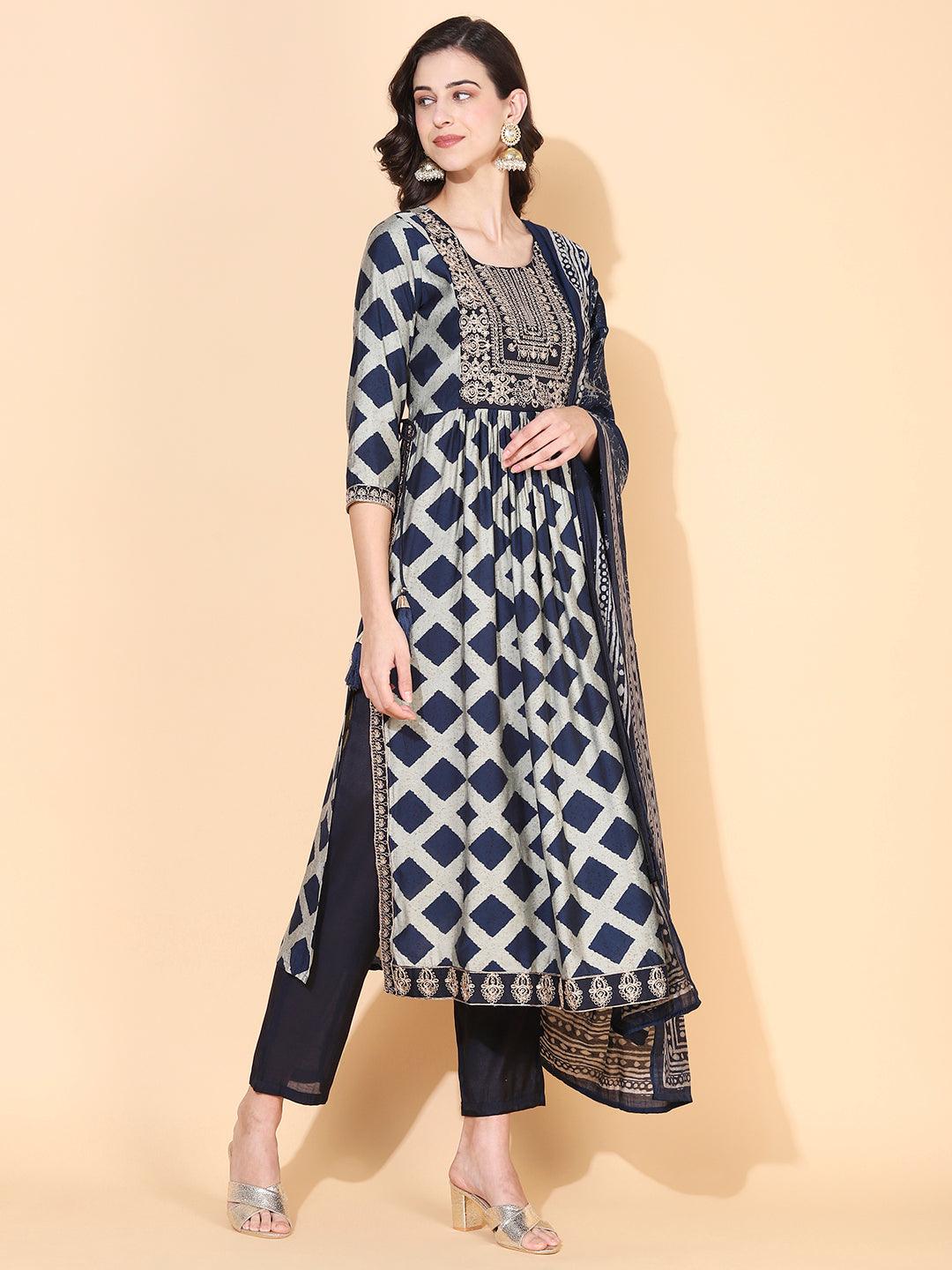 Checks Printed & Sequin Embroidered A-Line Kurta with Pant & Dupatta - Navy Blue - Indiakreations