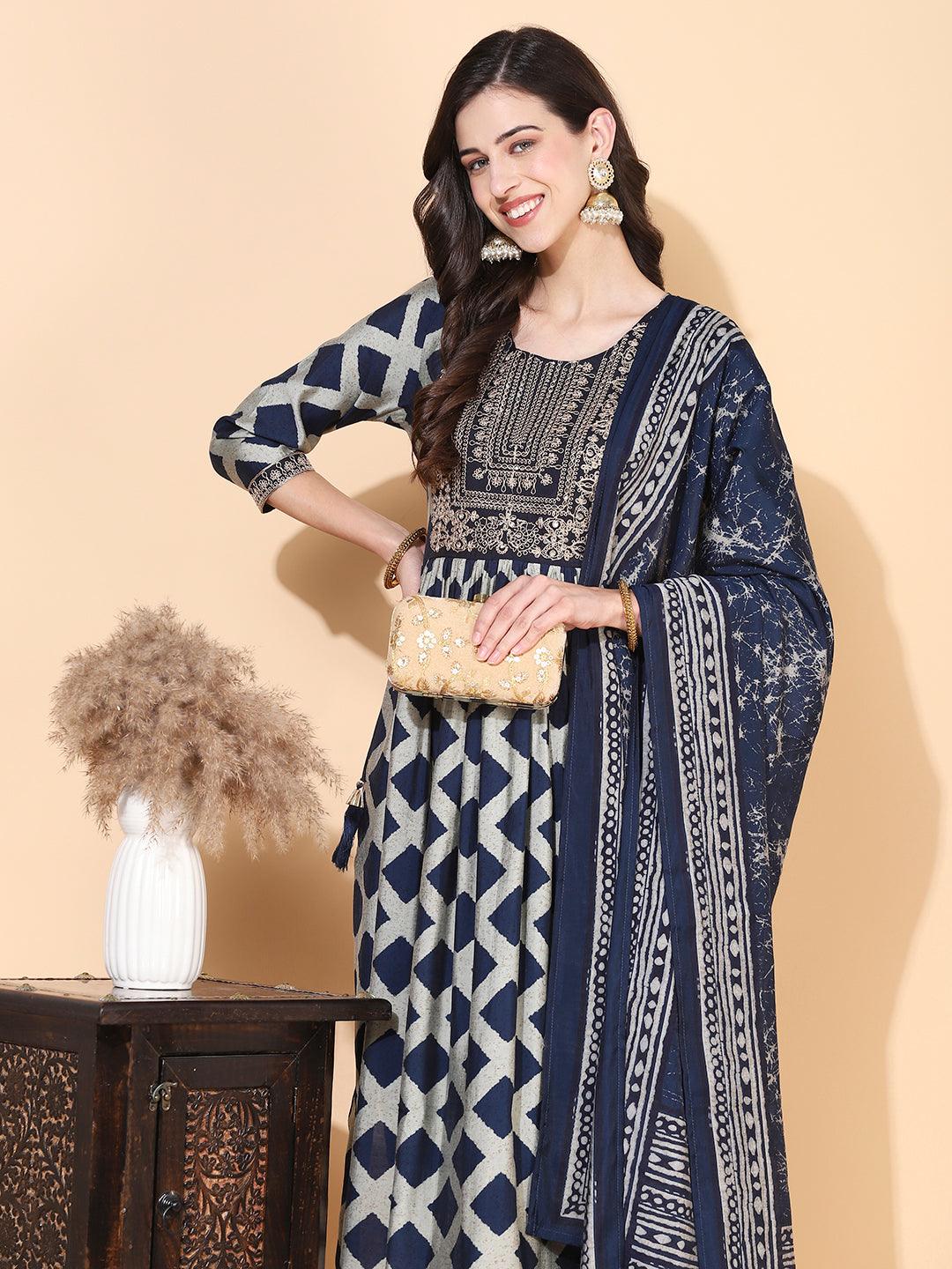 Checks Printed & Sequin Embroidered A-Line Kurta with Pant & Dupatta - Navy Blue - Indiakreations