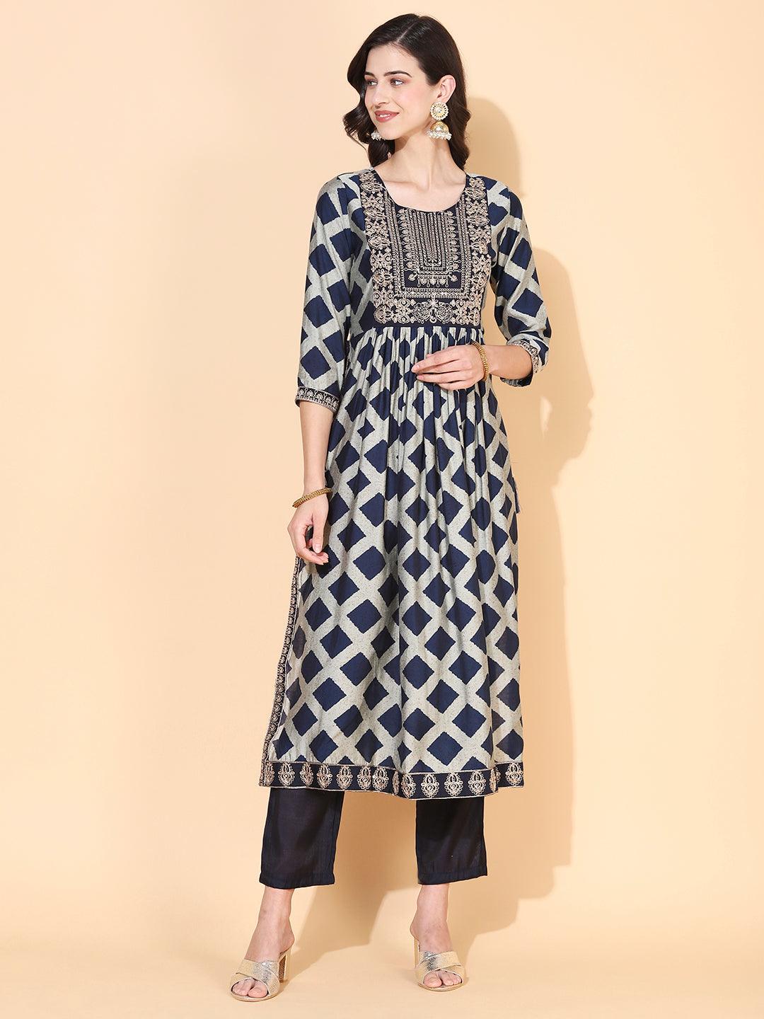 Checks Printed & Sequin Embroidered A-Line Kurta with Pant & Dupatta - Navy Blue - Indiakreations