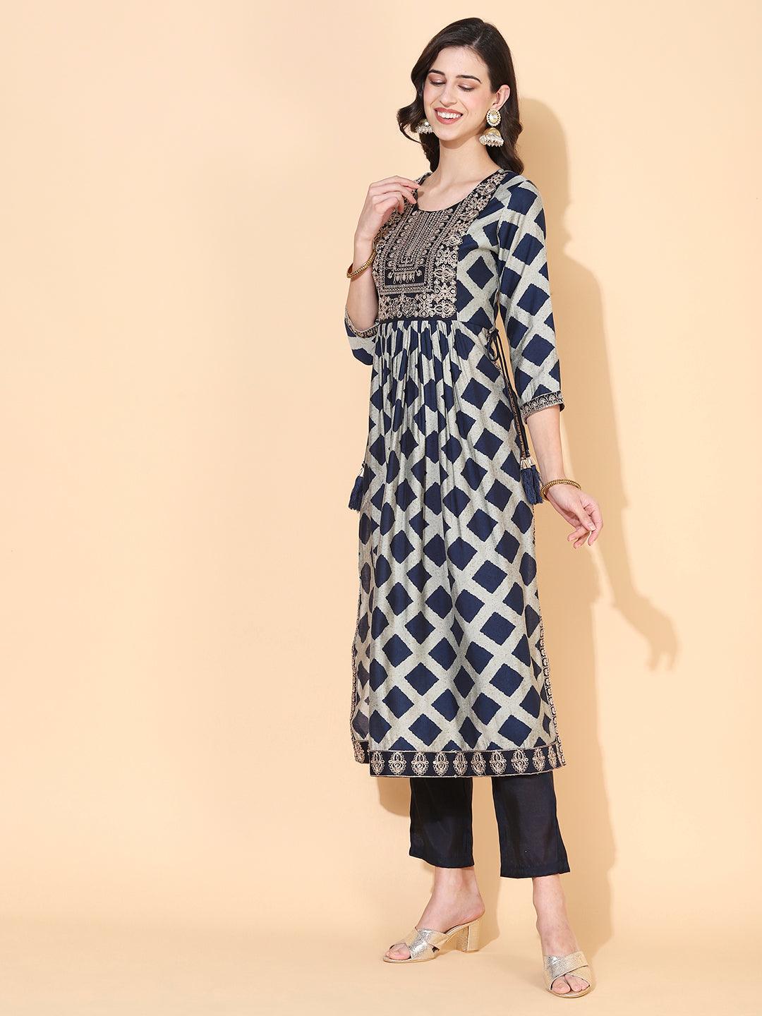 Checks Printed & Sequin Embroidered A-Line Kurta with Pant & Dupatta - Navy Blue - Indiakreations