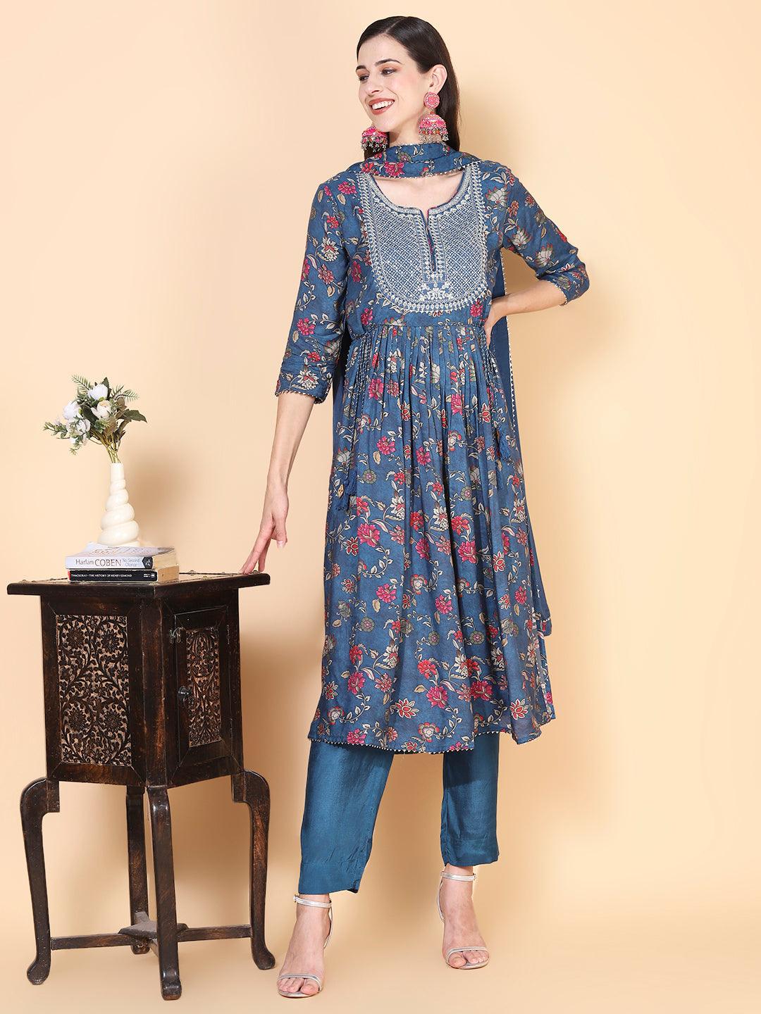 Floral Printed & Embroidered A-Line Kurta with Pant & Dupatta - Teal - Indiakreations