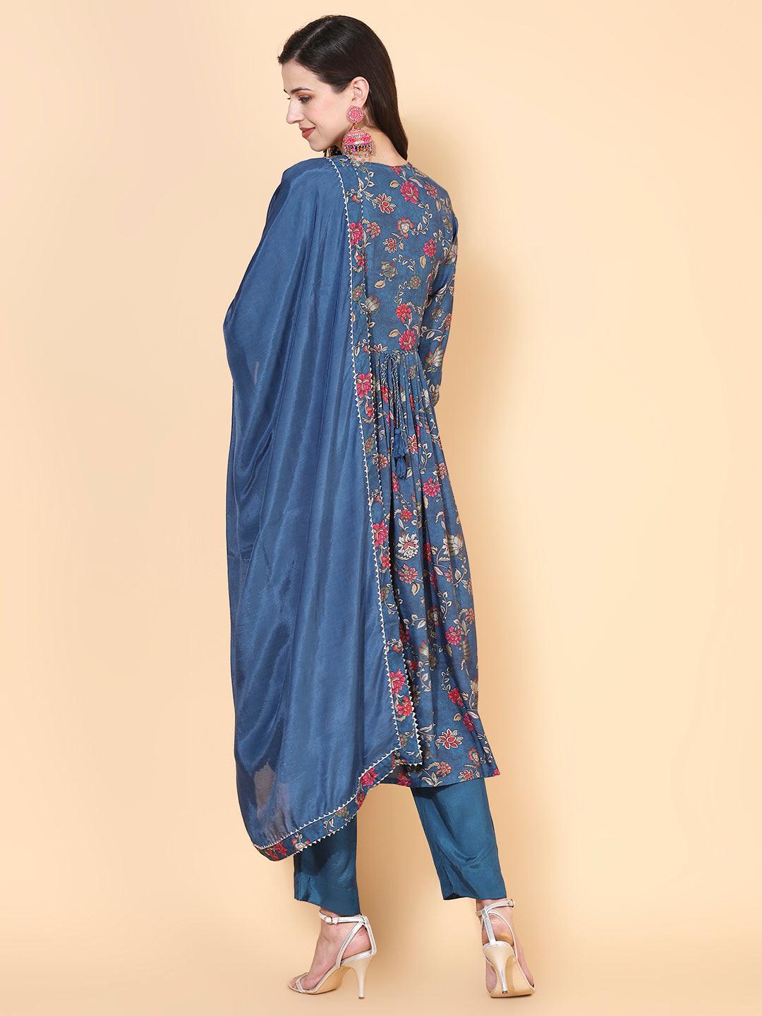 Floral Printed & Embroidered A-Line Kurta with Pant & Dupatta - Teal - Indiakreations