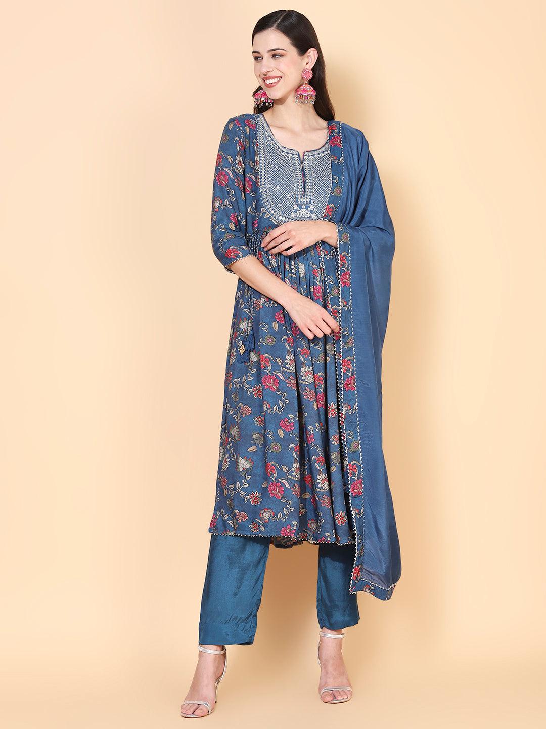 Floral Printed & Embroidered A-Line Kurta with Pant & Dupatta - Teal - Indiakreations