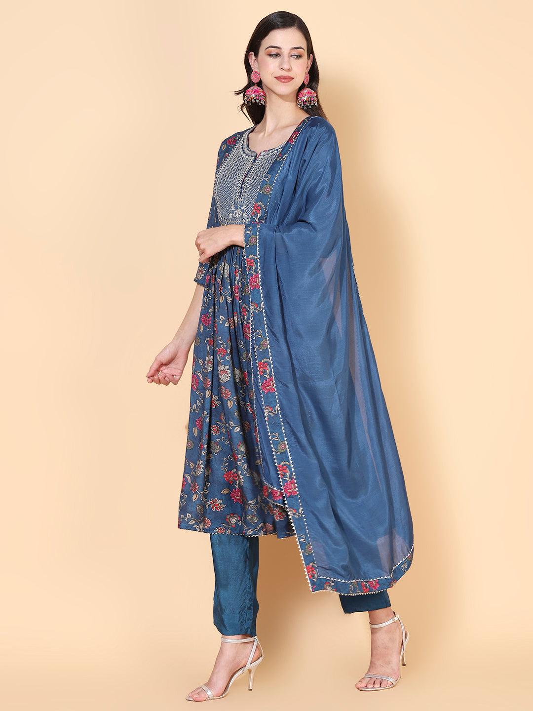 Floral Printed & Embroidered A-Line Kurta with Pant & Dupatta - Teal - Indiakreations