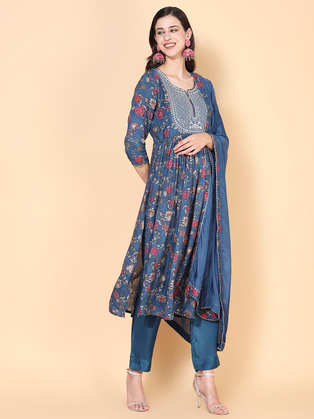 Floral Printed & Embroidered A-Line Kurta with Pant & Dupatta - Teal - Indiakreations