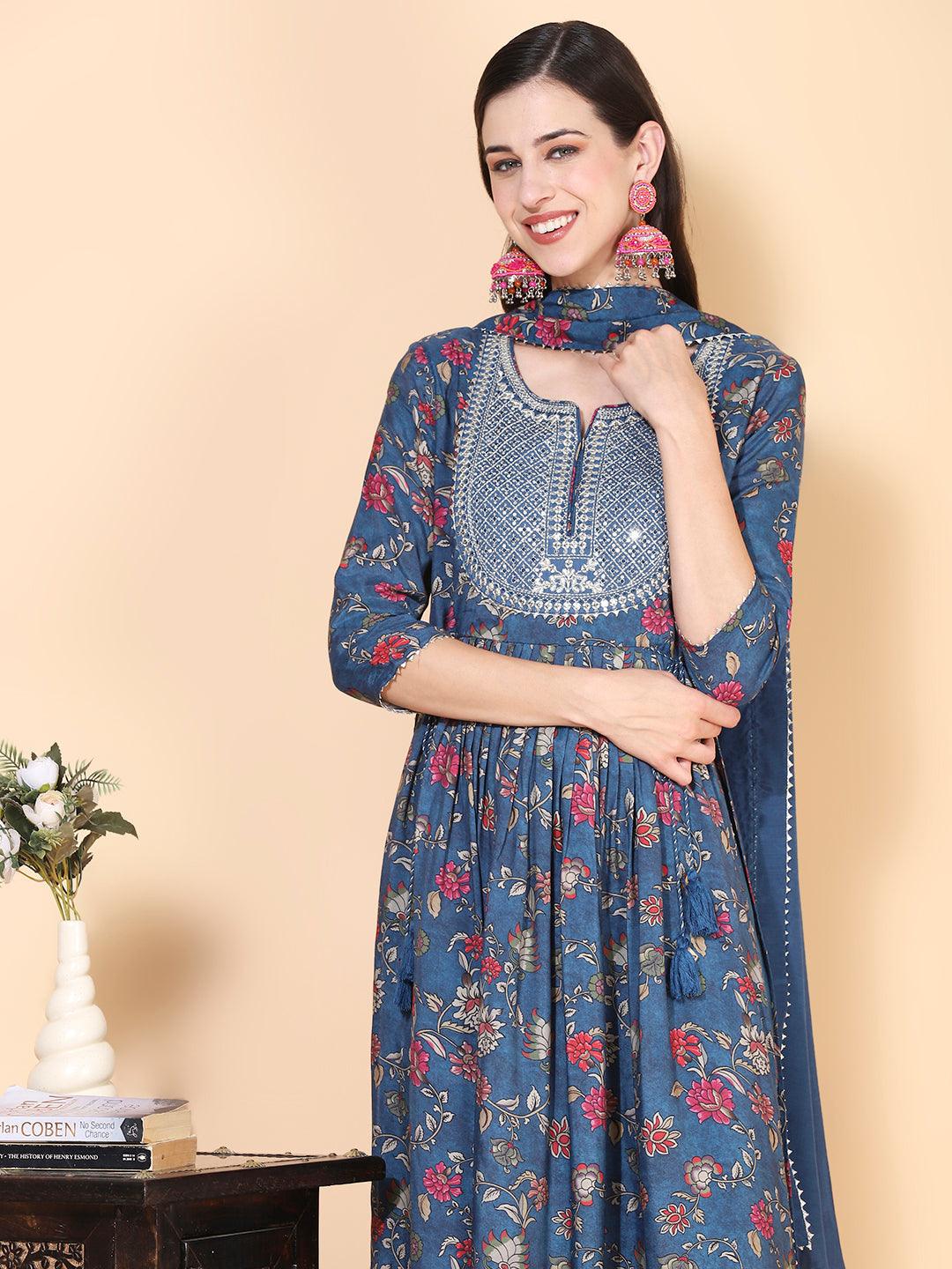 Floral Printed & Embroidered A-Line Kurta with Pant & Dupatta - Teal - Indiakreations