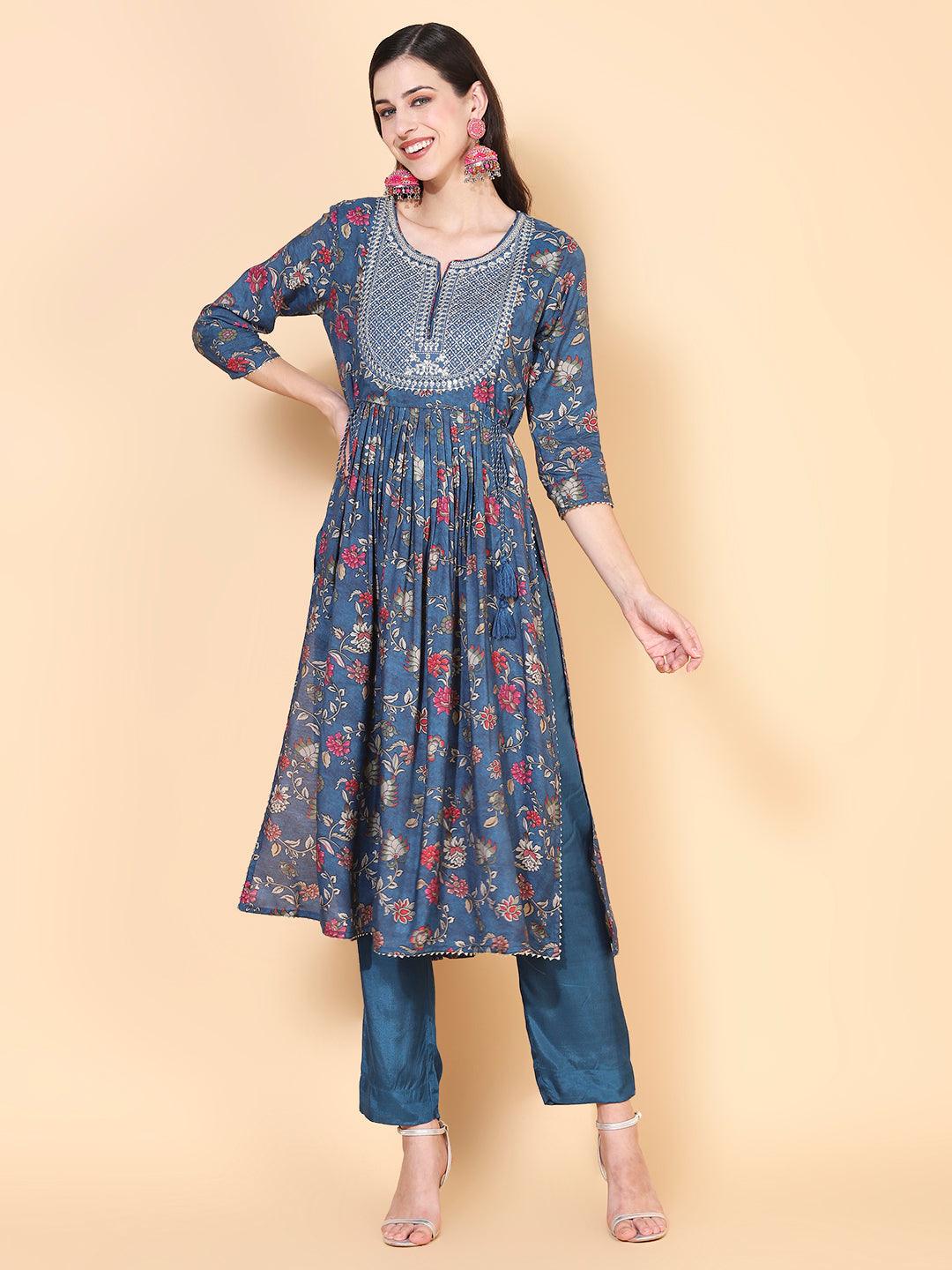 Floral Printed & Embroidered A-Line Kurta with Pant & Dupatta - Teal - Indiakreations