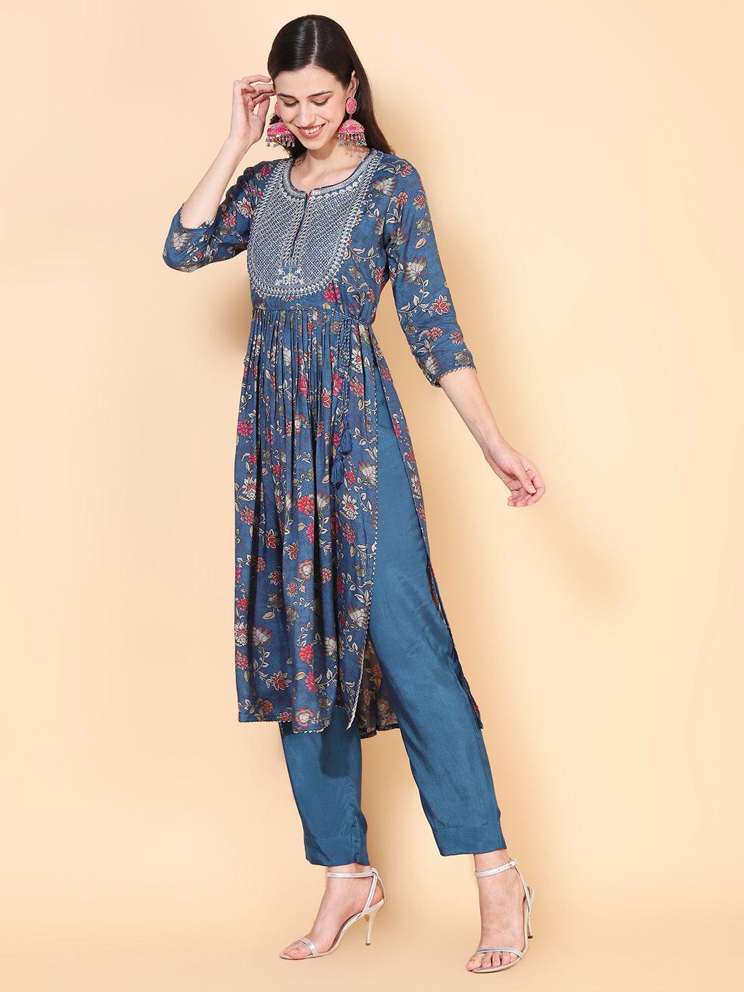 Floral Printed & Embroidered A-Line Kurta with Pant & Dupatta - Teal - Indiakreations