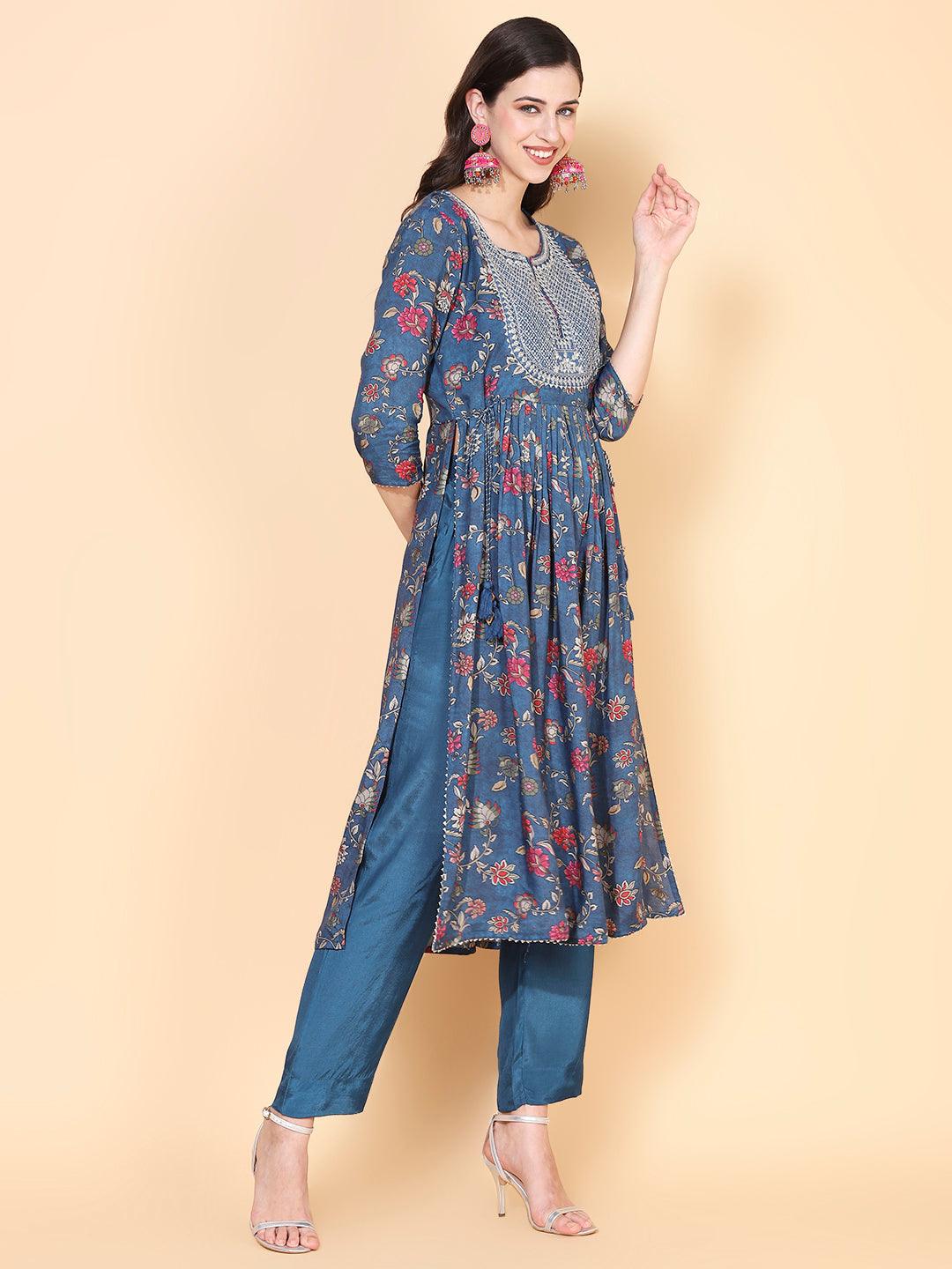 Floral Printed & Embroidered A-Line Kurta with Pant & Dupatta - Teal - Indiakreations