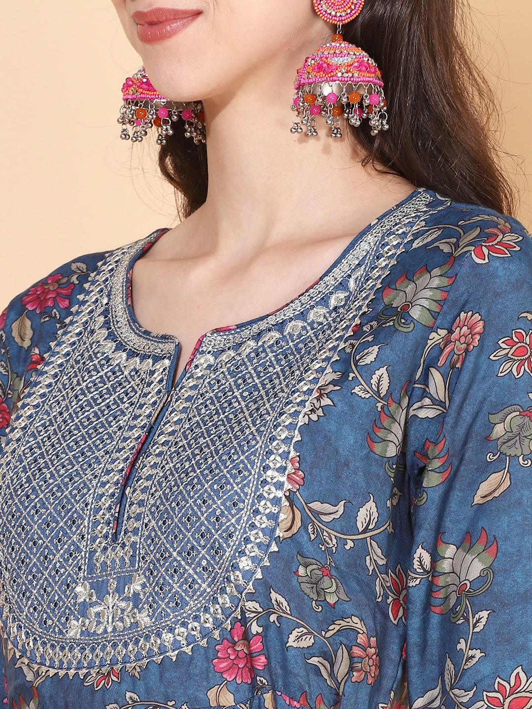 Floral Printed & Embroidered A-Line Kurta with Pant & Dupatta - Teal - Indiakreations