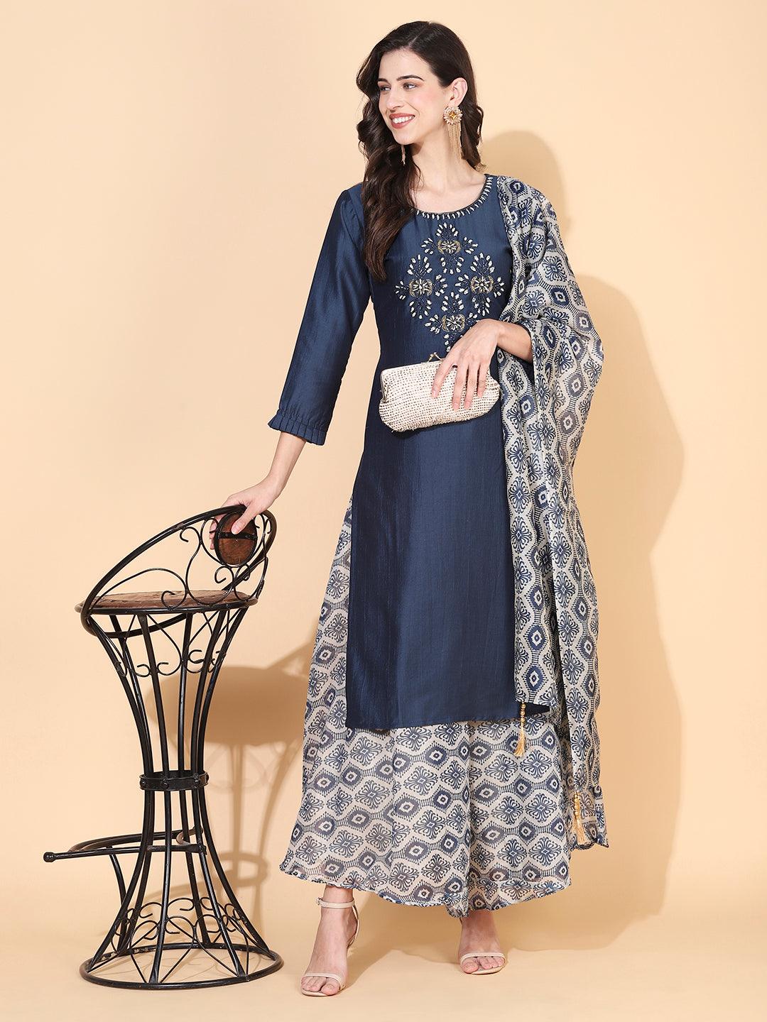 Solid Ethnic Hand Embroidered Straight Fit Kurta with Palazzo & Dupatta - Teal Blue - Indiakreations