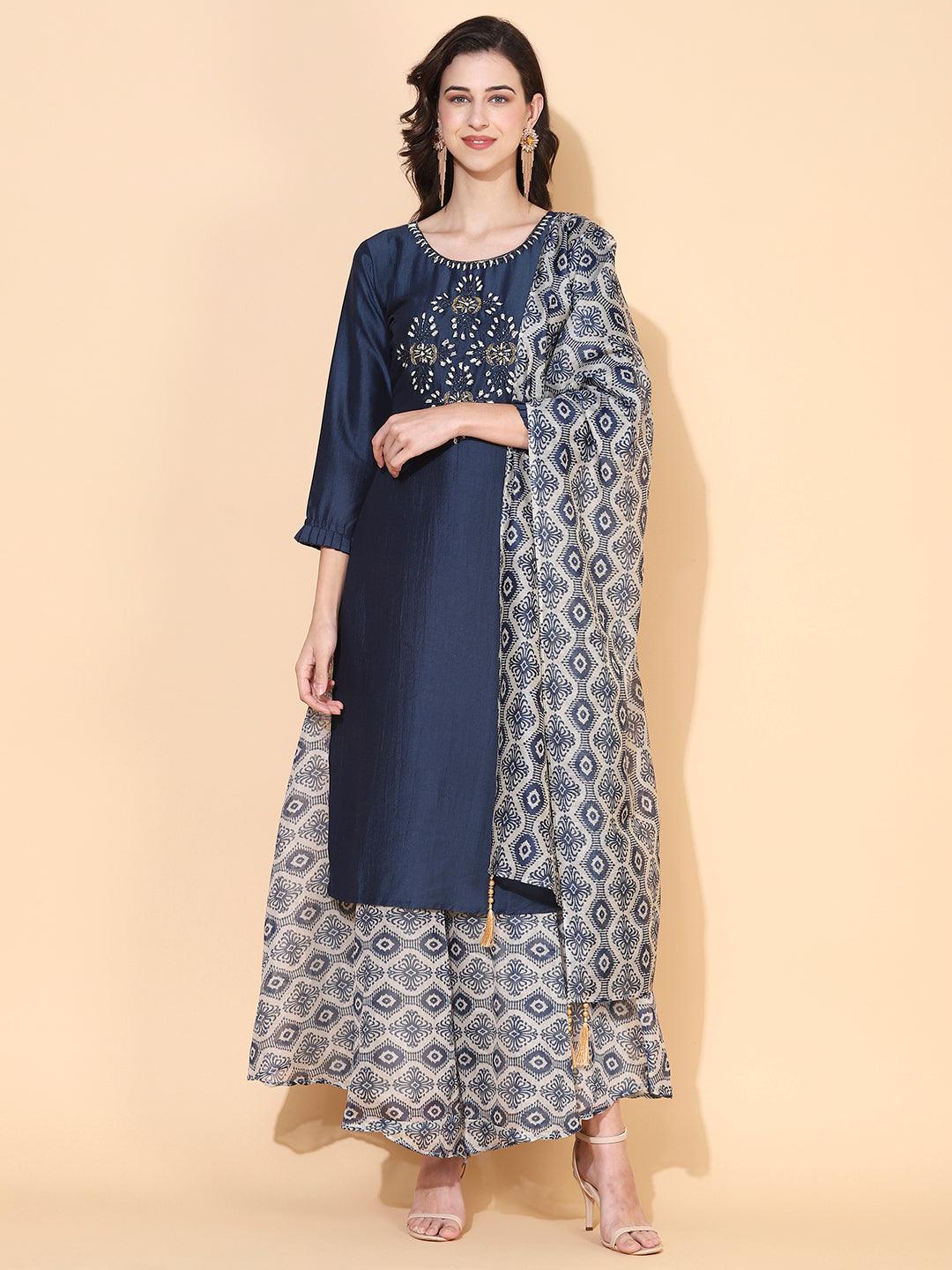 Solid Ethnic Hand Embroidered Straight Fit Kurta with Palazzo & Dupatta - Teal Blue - Indiakreations