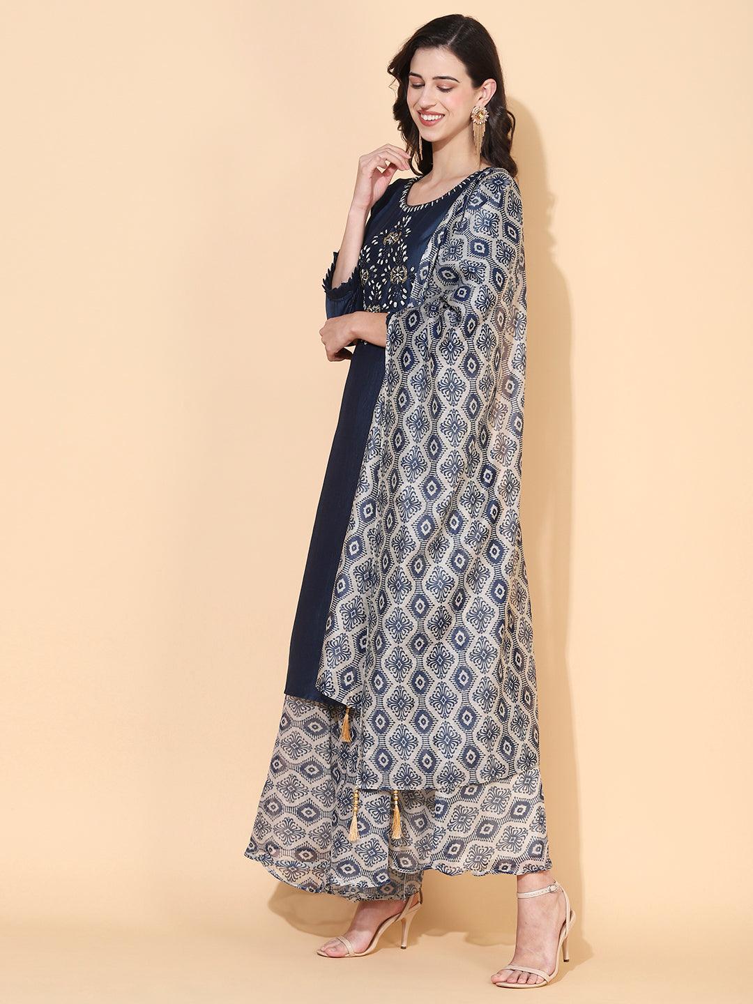 Solid Ethnic Hand Embroidered Straight Fit Kurta with Palazzo & Dupatta - Teal Blue - Indiakreations