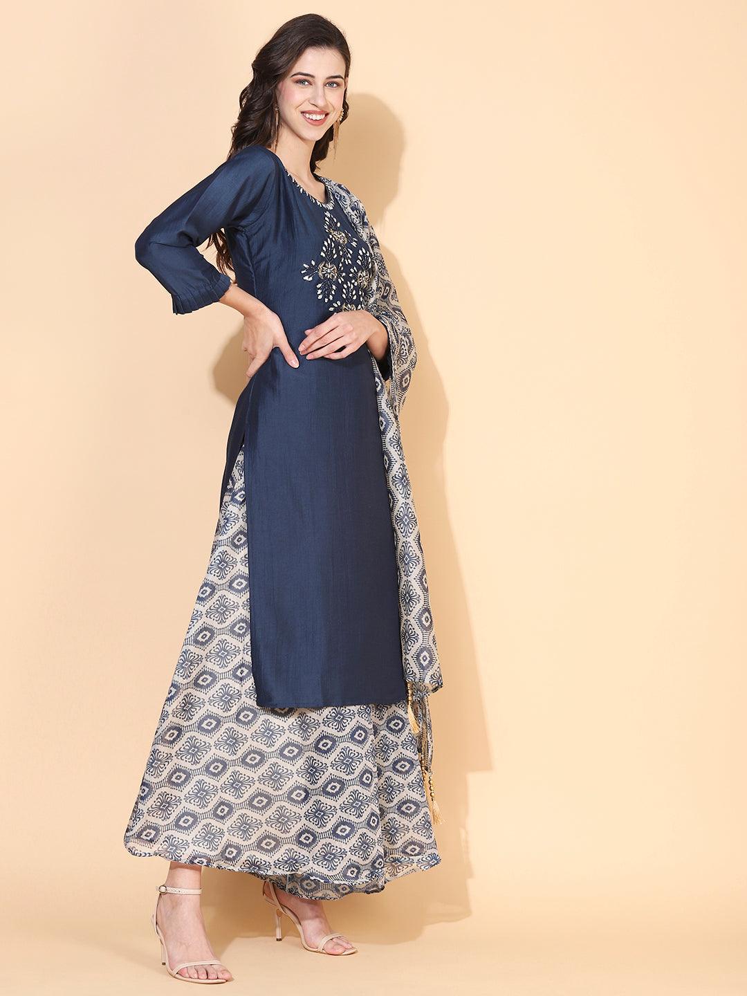 Solid Ethnic Hand Embroidered Straight Fit Kurta with Palazzo & Dupatta - Teal Blue - Indiakreations