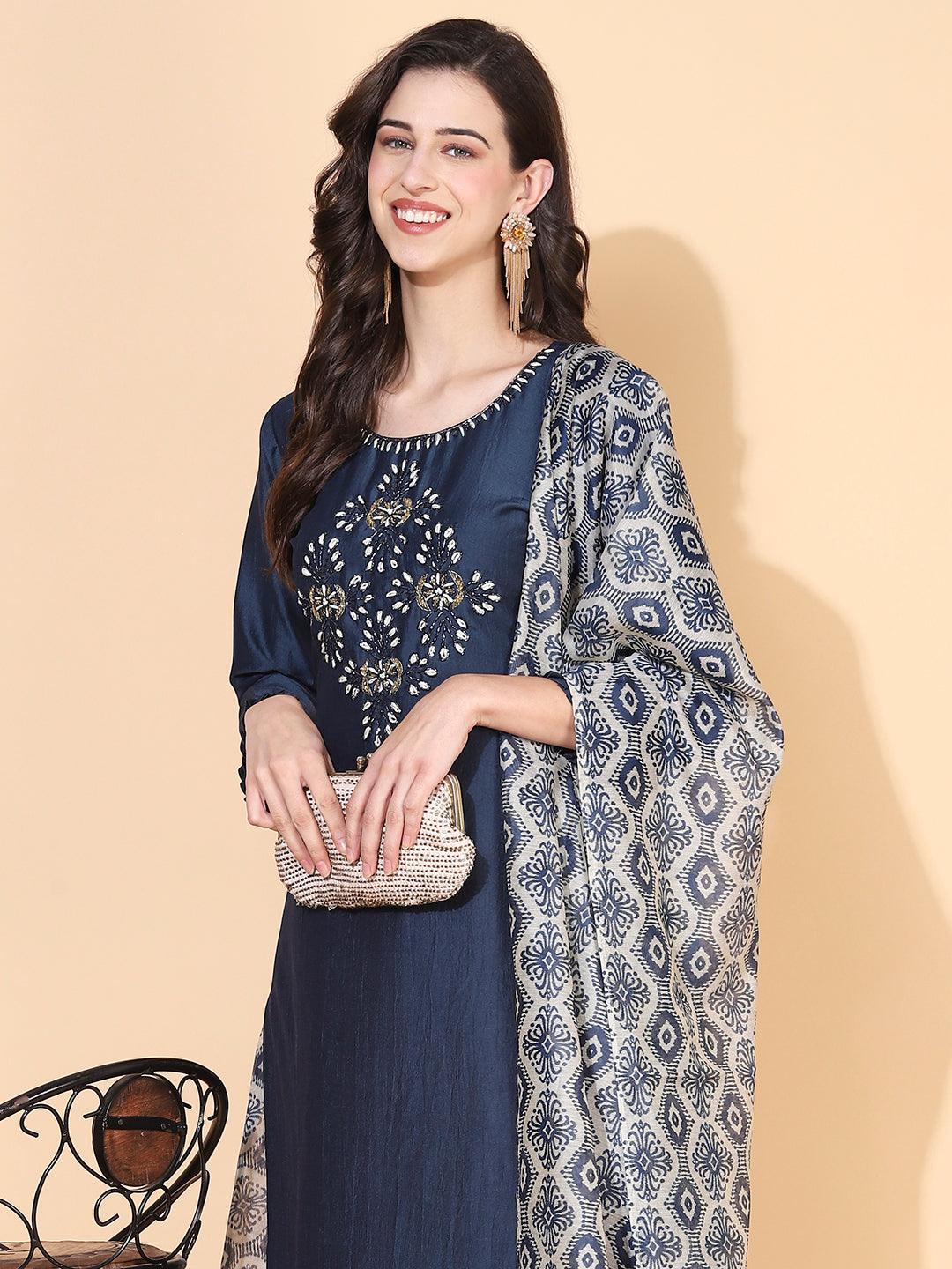 Solid Ethnic Hand Embroidered Straight Fit Kurta with Palazzo & Dupatta - Teal Blue - Indiakreations