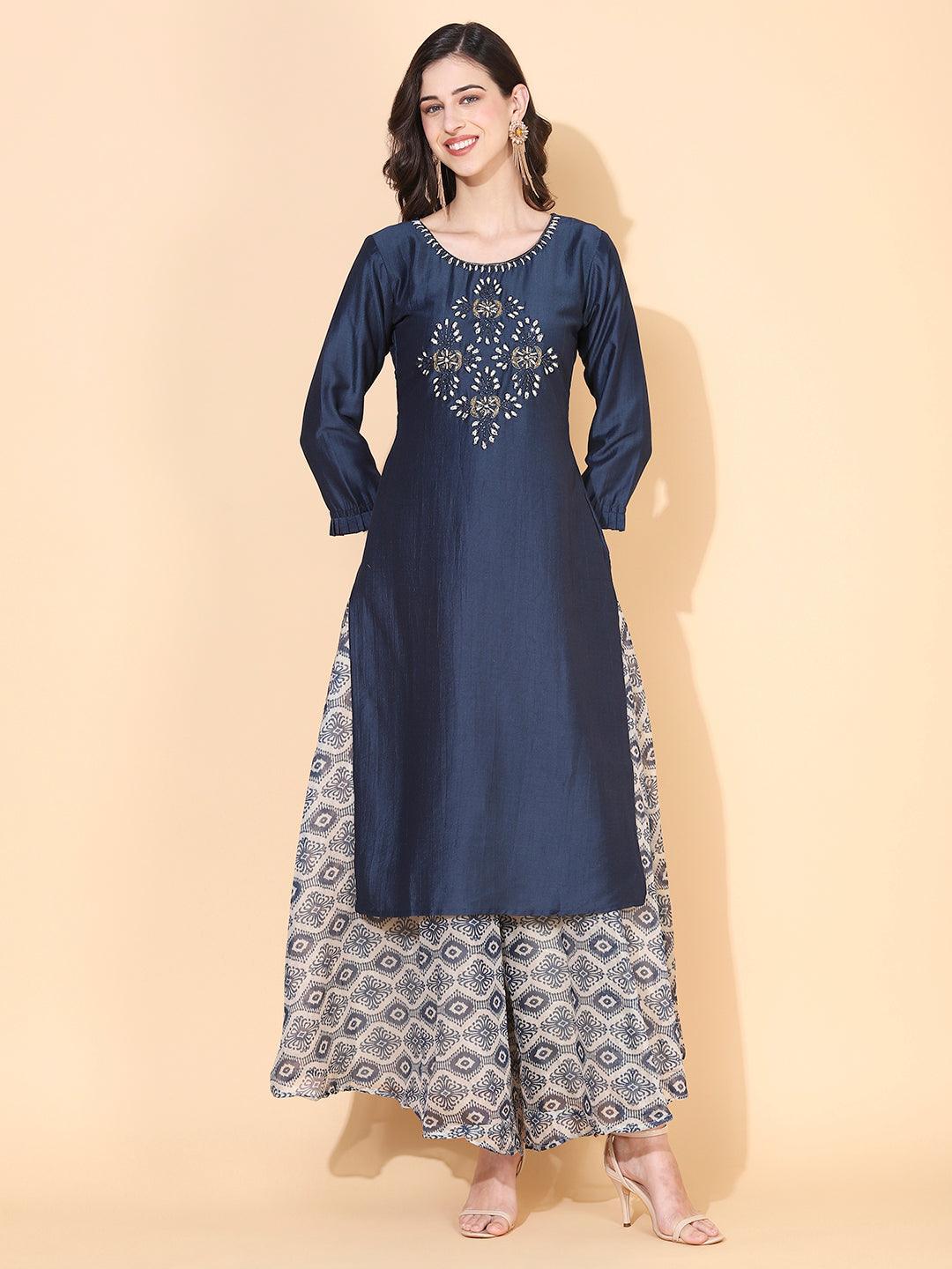 Solid Ethnic Hand Embroidered Straight Fit Kurta with Palazzo & Dupatta - Teal Blue - Indiakreations