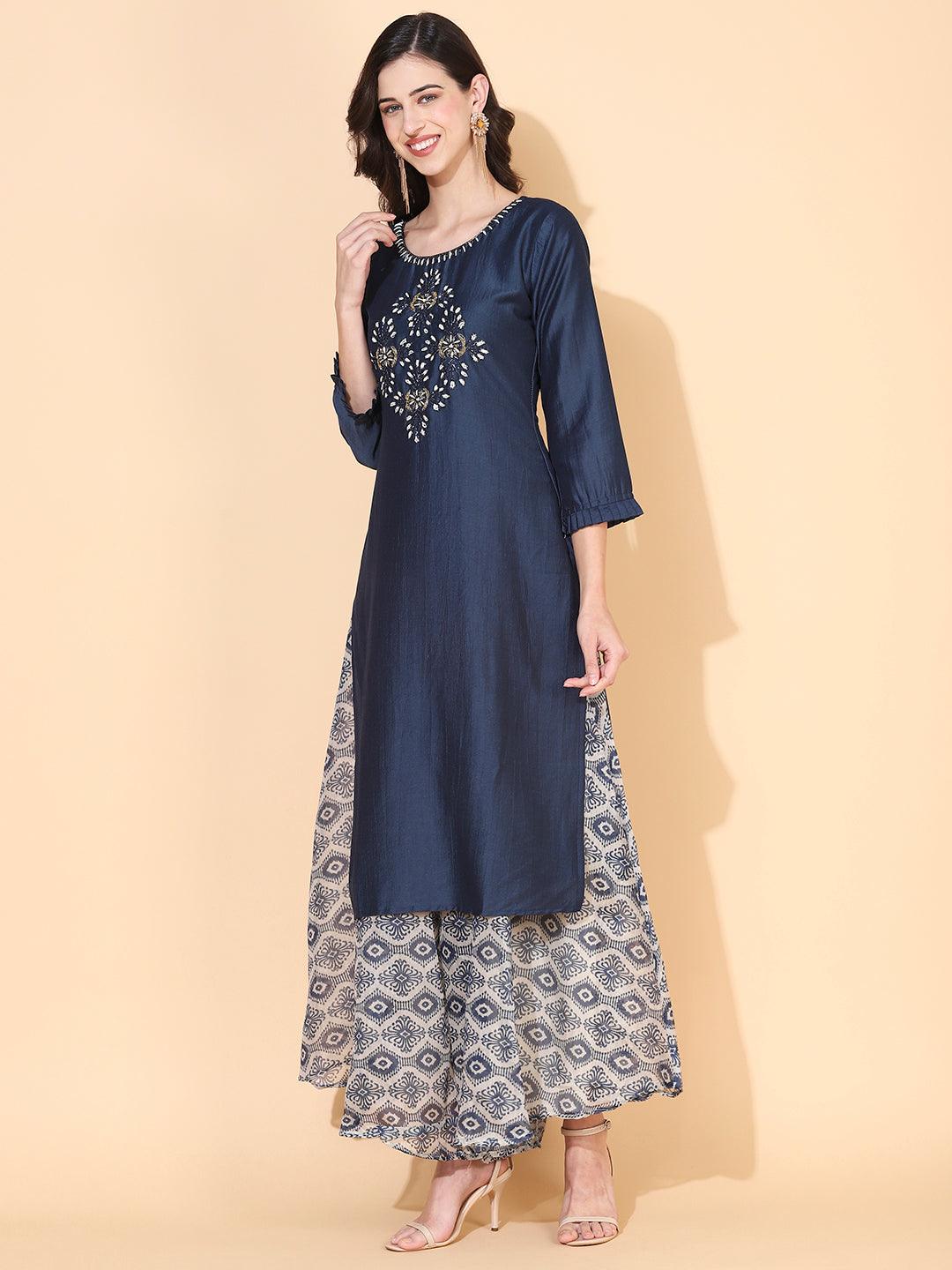 Solid Ethnic Hand Embroidered Straight Fit Kurta with Palazzo & Dupatta - Teal Blue - Indiakreations