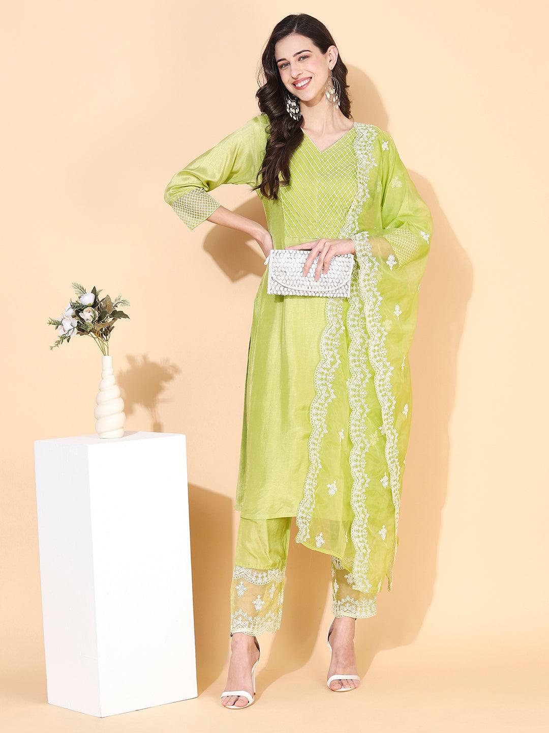 Solid Resham Embroidered Kurta With Pants & Embroidered Dupatta - Green - Indiakreations