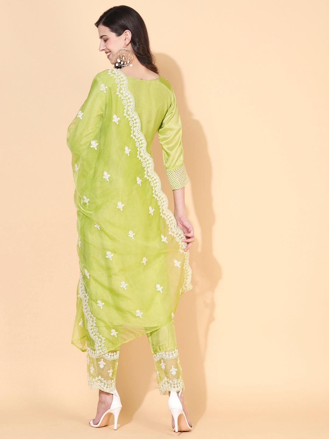 Solid Resham Embroidered Kurta With Pants & Embroidered Dupatta - Green - Indiakreations