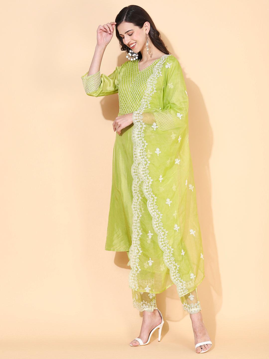 Solid Resham Embroidered Kurta With Pants & Embroidered Dupatta - Green - Indiakreations