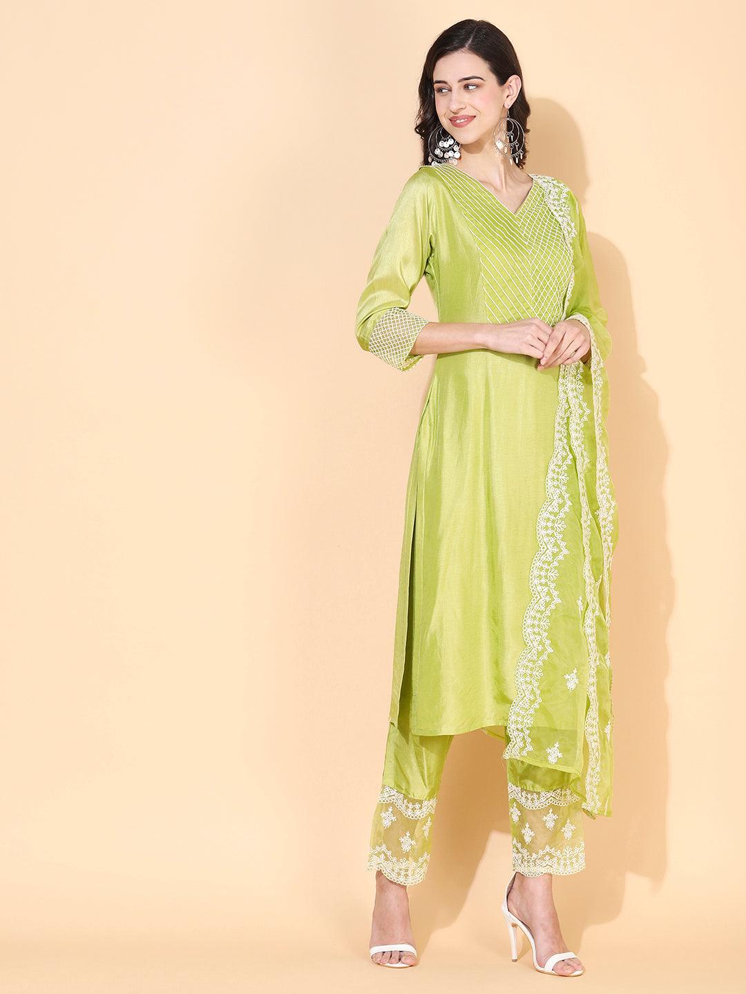 Solid Resham Embroidered Kurta With Pants & Embroidered Dupatta - Green - Indiakreations