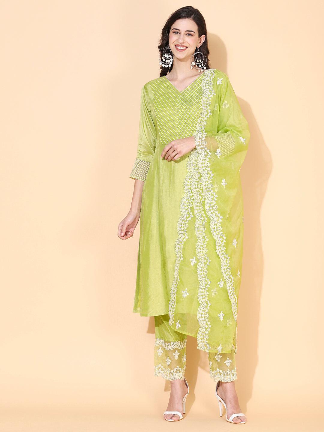 Solid Resham Embroidered Kurta With Pants & Embroidered Dupatta - Green - Indiakreations