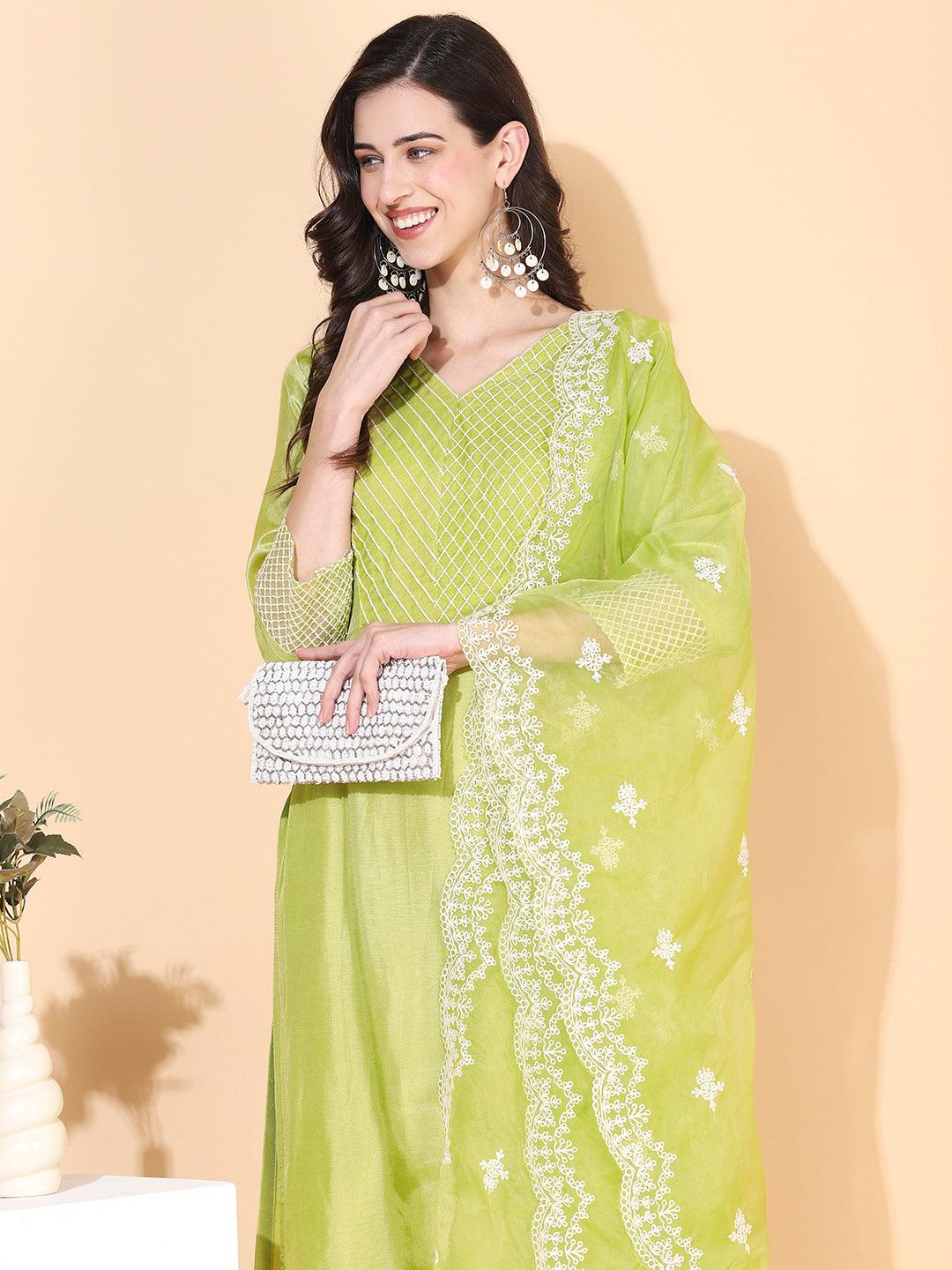 Solid Resham Embroidered Kurta With Pants & Embroidered Dupatta - Green - Indiakreations