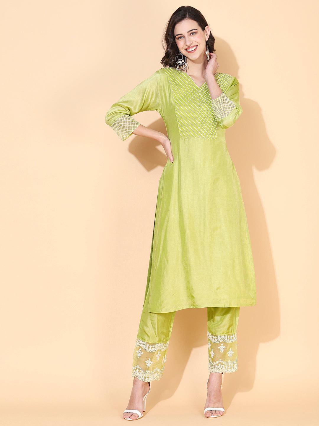 Solid Resham Embroidered Kurta With Pants & Embroidered Dupatta - Green - Indiakreations