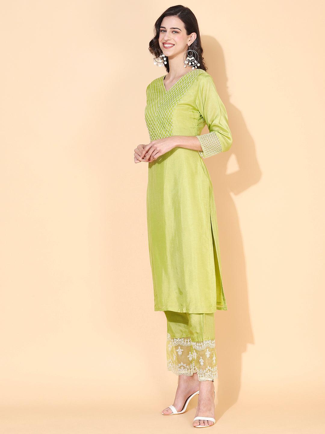 Solid Resham Embroidered Kurta With Pants & Embroidered Dupatta - Green - Indiakreations