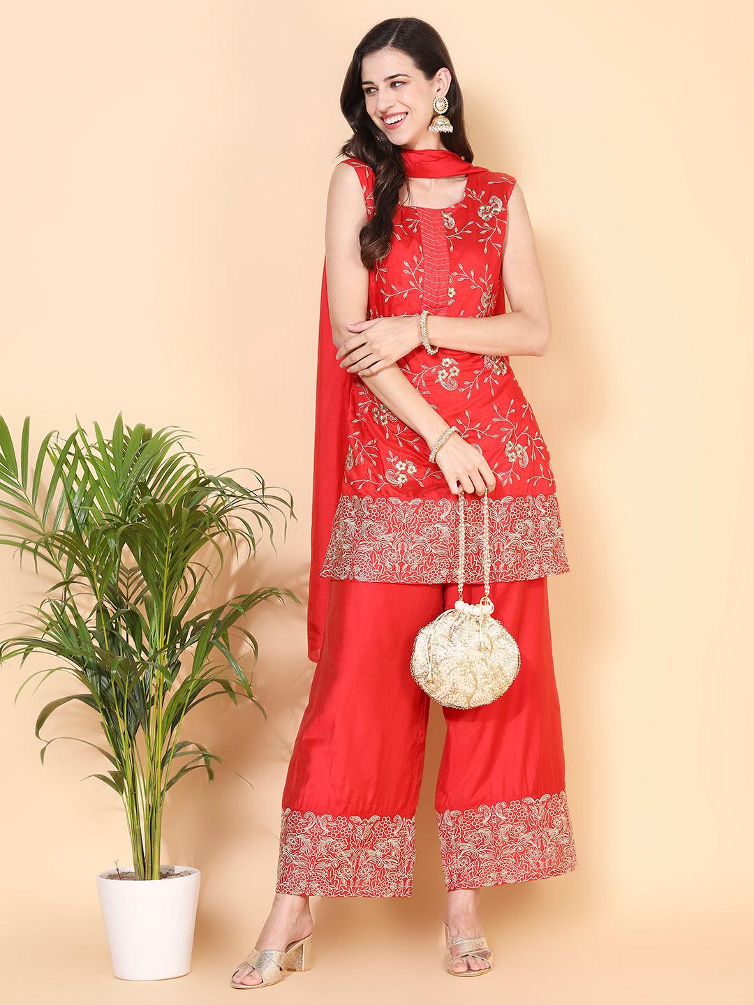 Zari Embroidered Kurta With Palazzo & Dupatta - Red - Indiakreations