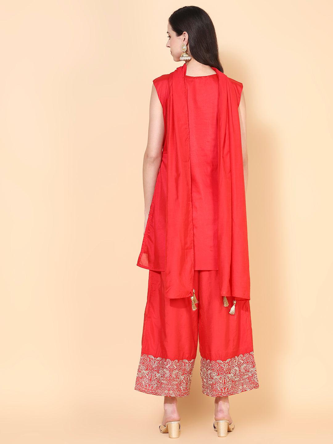 Zari Embroidered Kurta With Palazzo & Dupatta - Red - Indiakreations