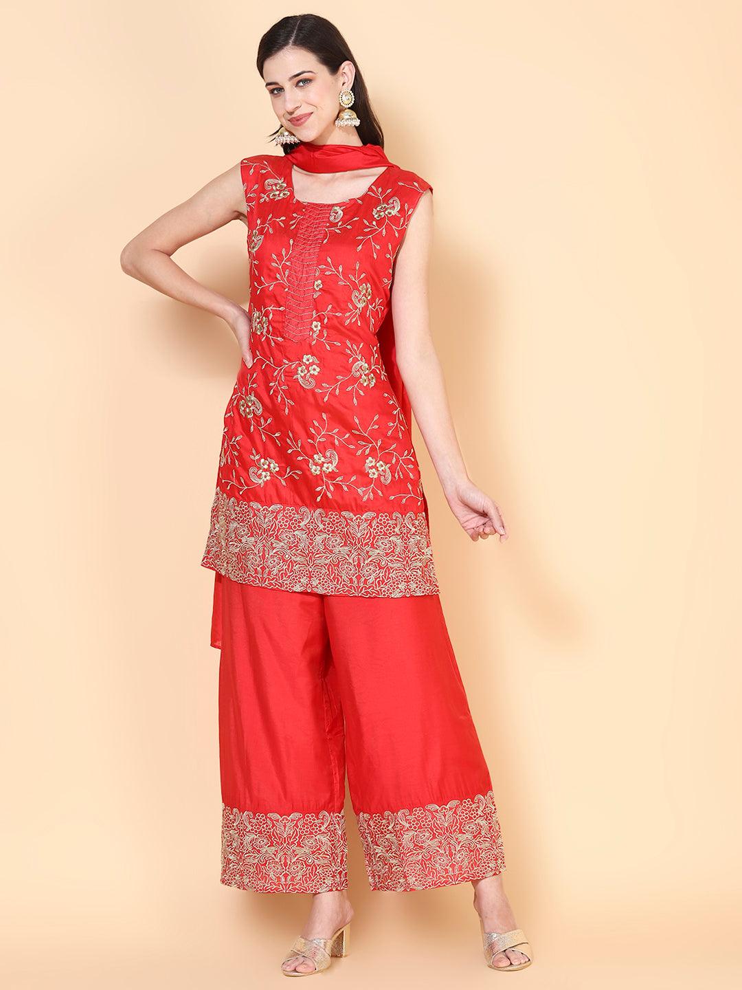 Zari Embroidered Kurta With Palazzo & Dupatta - Red - Indiakreations