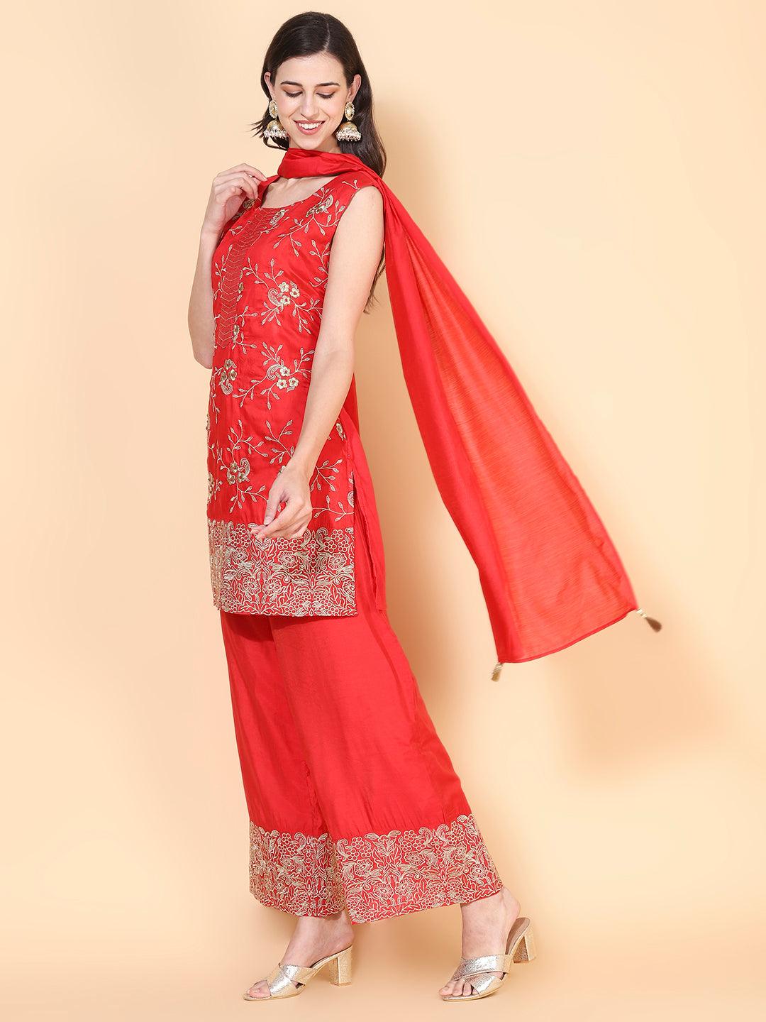 Zari Embroidered Kurta With Palazzo & Dupatta - Red - Indiakreations