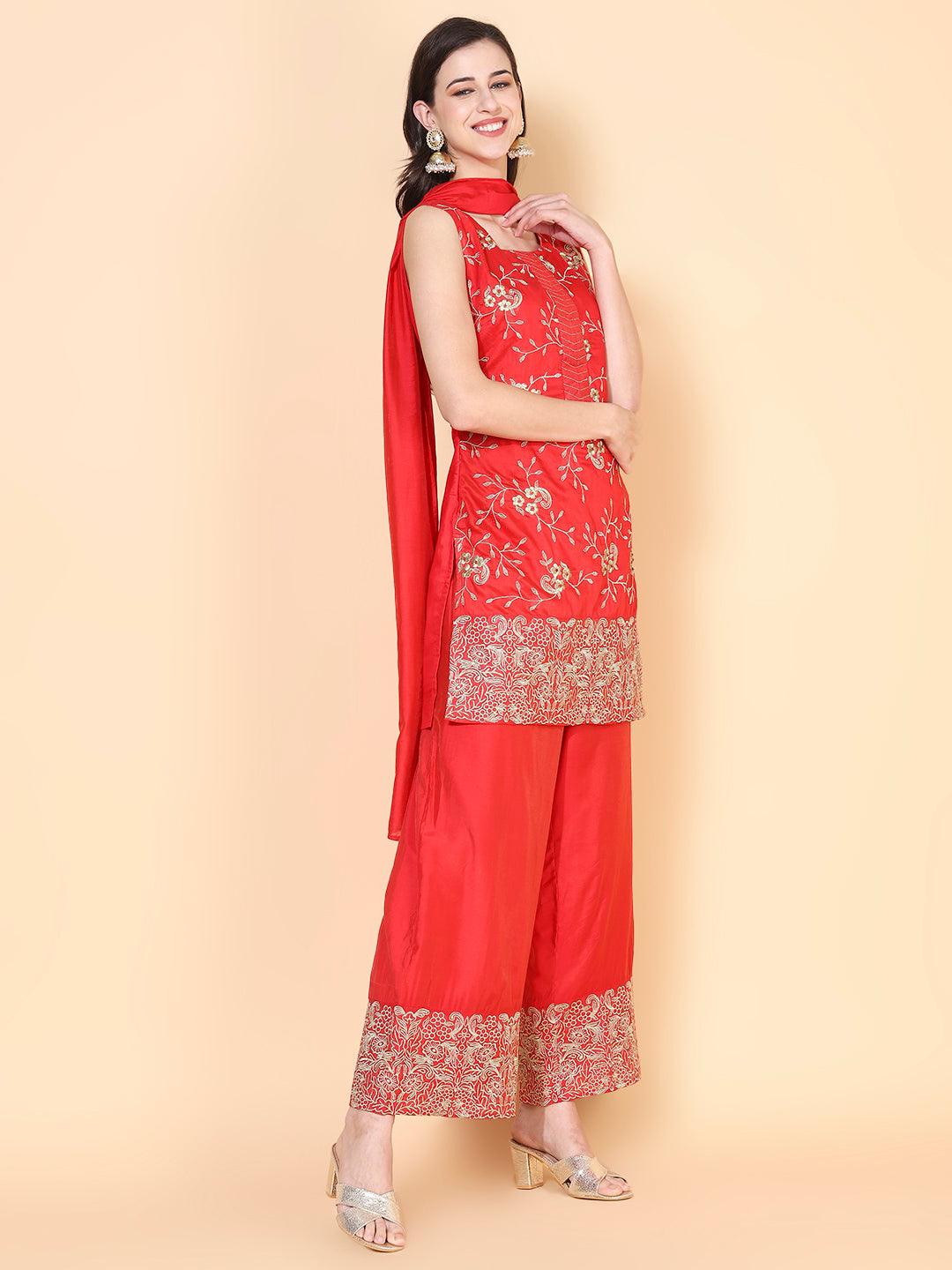 Zari Embroidered Kurta With Palazzo & Dupatta - Red - Indiakreations