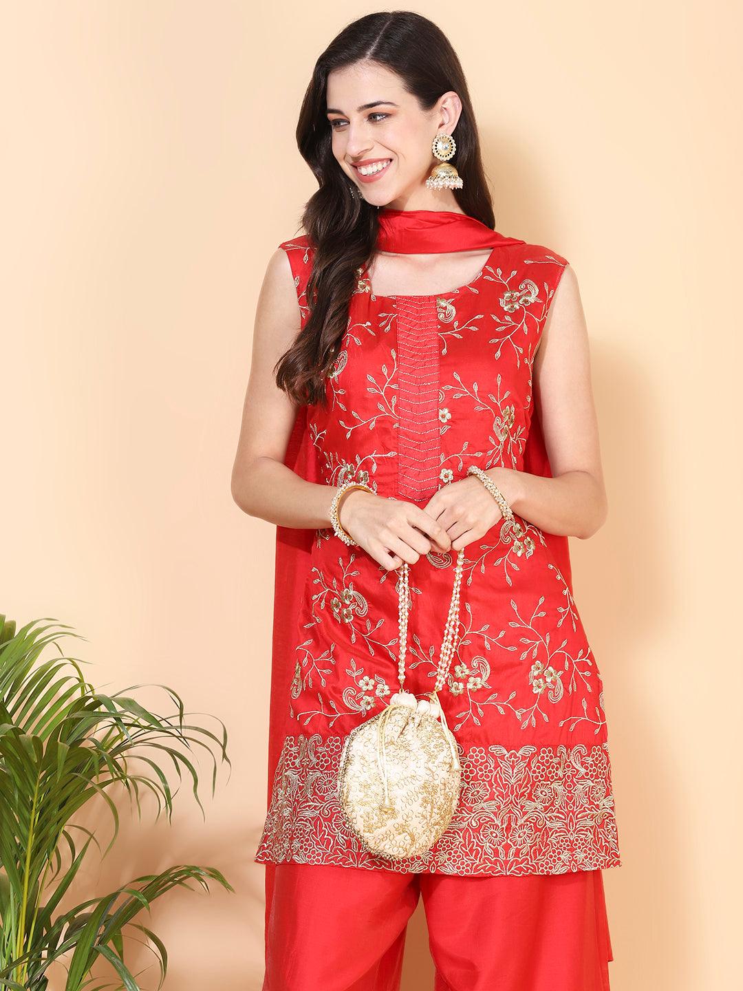 Zari Embroidered Kurta With Palazzo & Dupatta - Red - Indiakreations